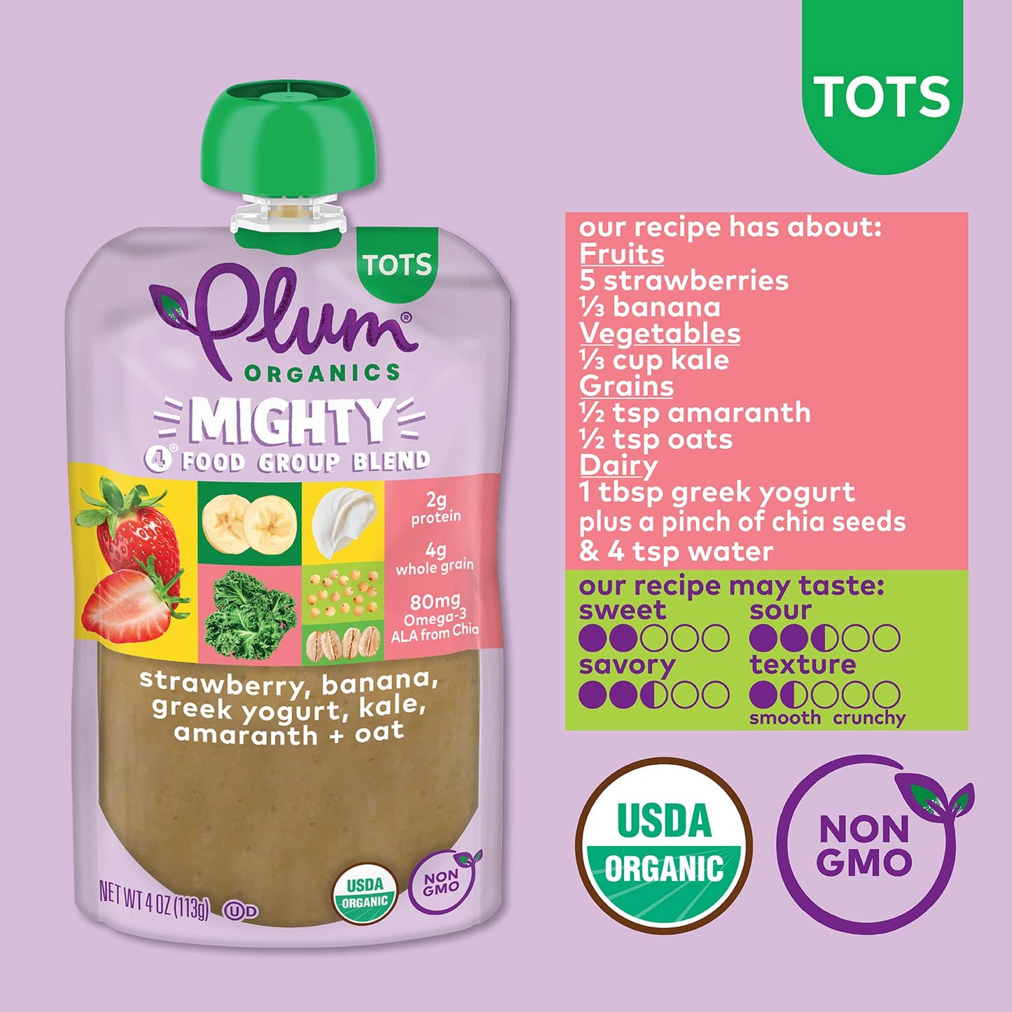 Plum Organics Mighty 4 Organic Toddler Food - Strawberry, Banana, Greek Yogurt, Kale, Amaranth, And Oat - 4 Oz Pouch - Organic F