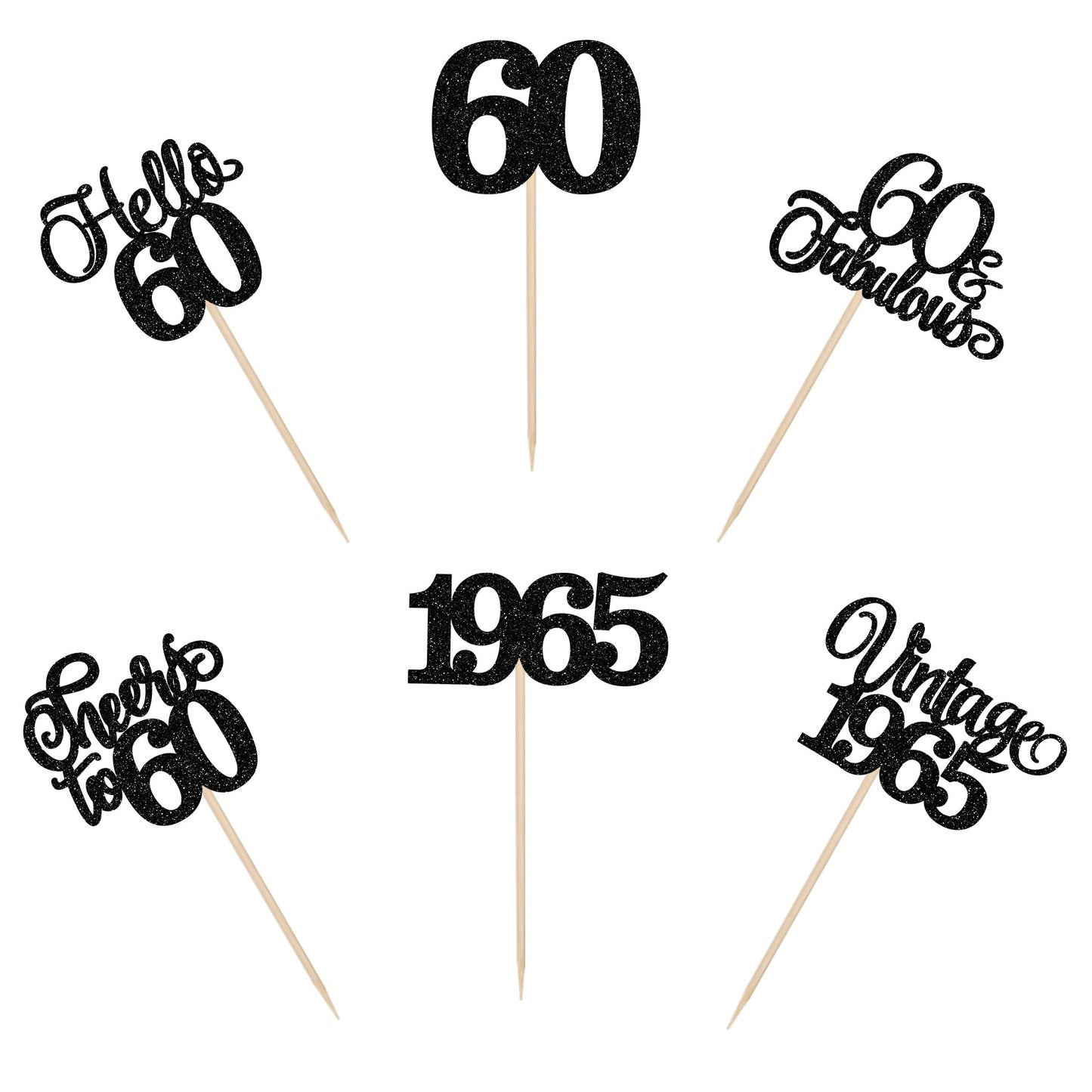 Rssta i Cupcake Toppers - Vintage 1965 Glitter Picks for 60th Birthday Party - Black Paper - 24 Pack