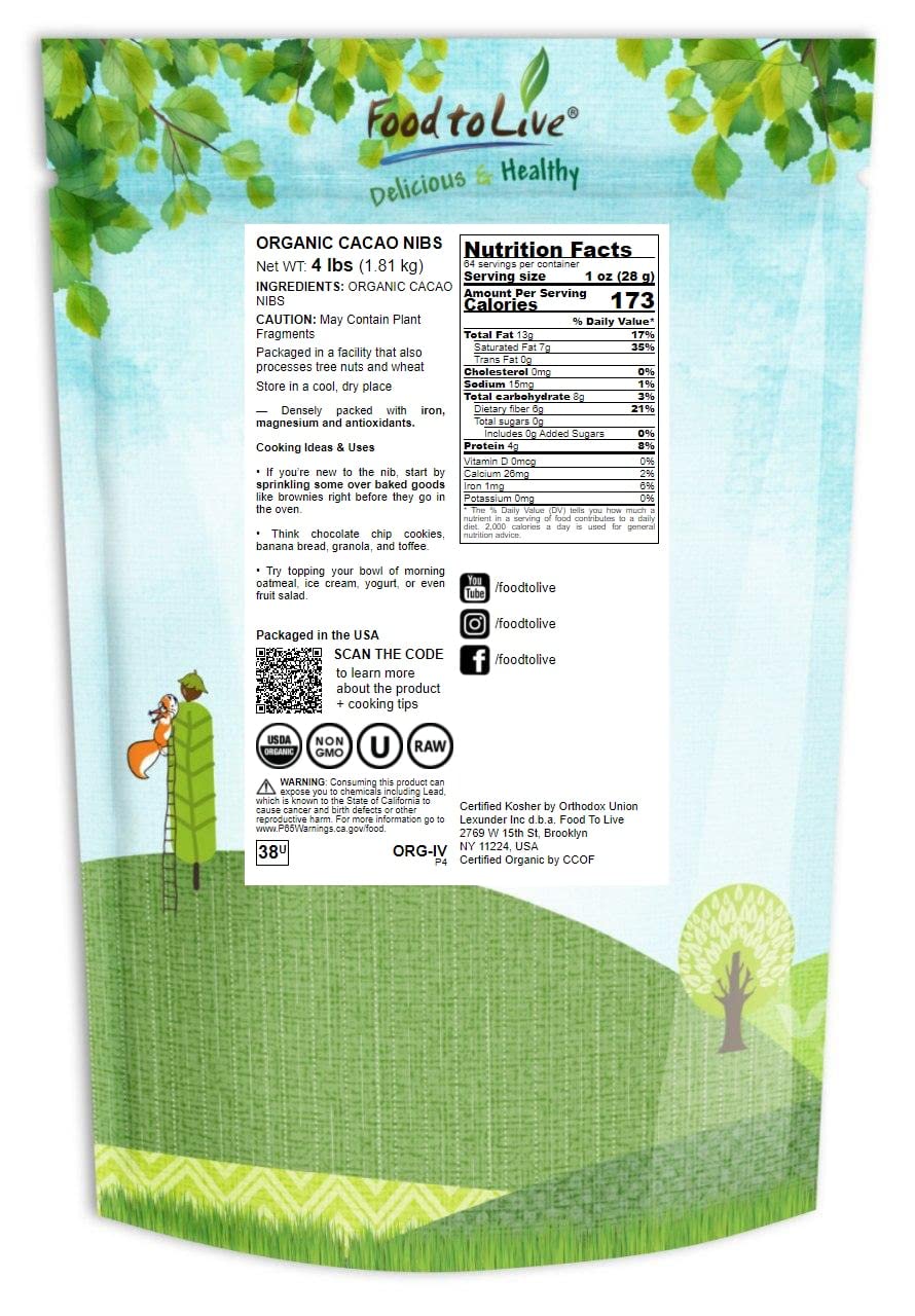 Food to Live Organic Cacao Nibs, Unsweetened, Non-GMO, Kosher, Raw, Vegan, 4 Pounds