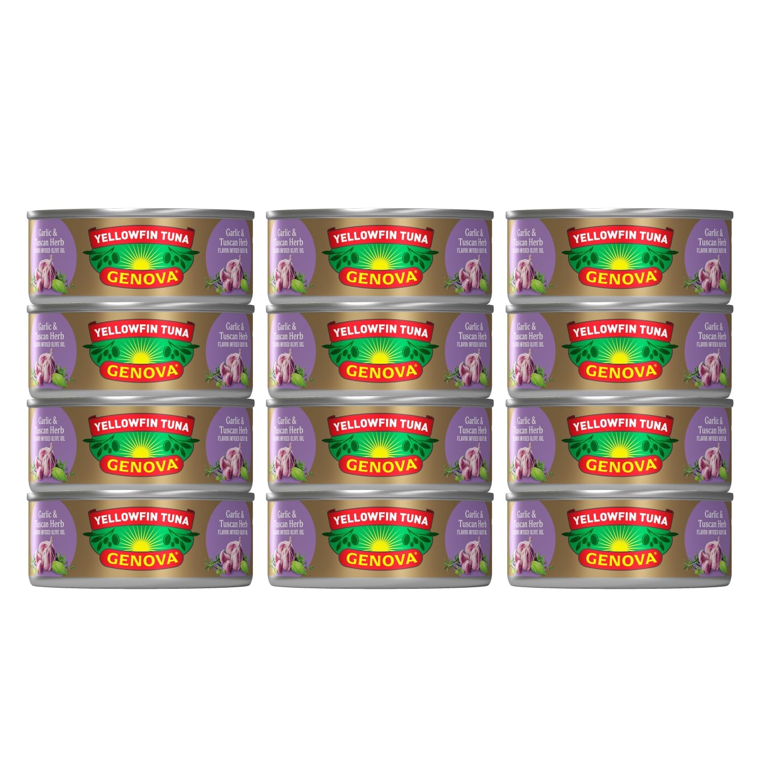 Genova Premium Yellowfin Tuna in Garlic and Tuscan Herb Infused Olive Oil, 5 Ounce Can (Pack of 12), Wild Caught, Solid Light