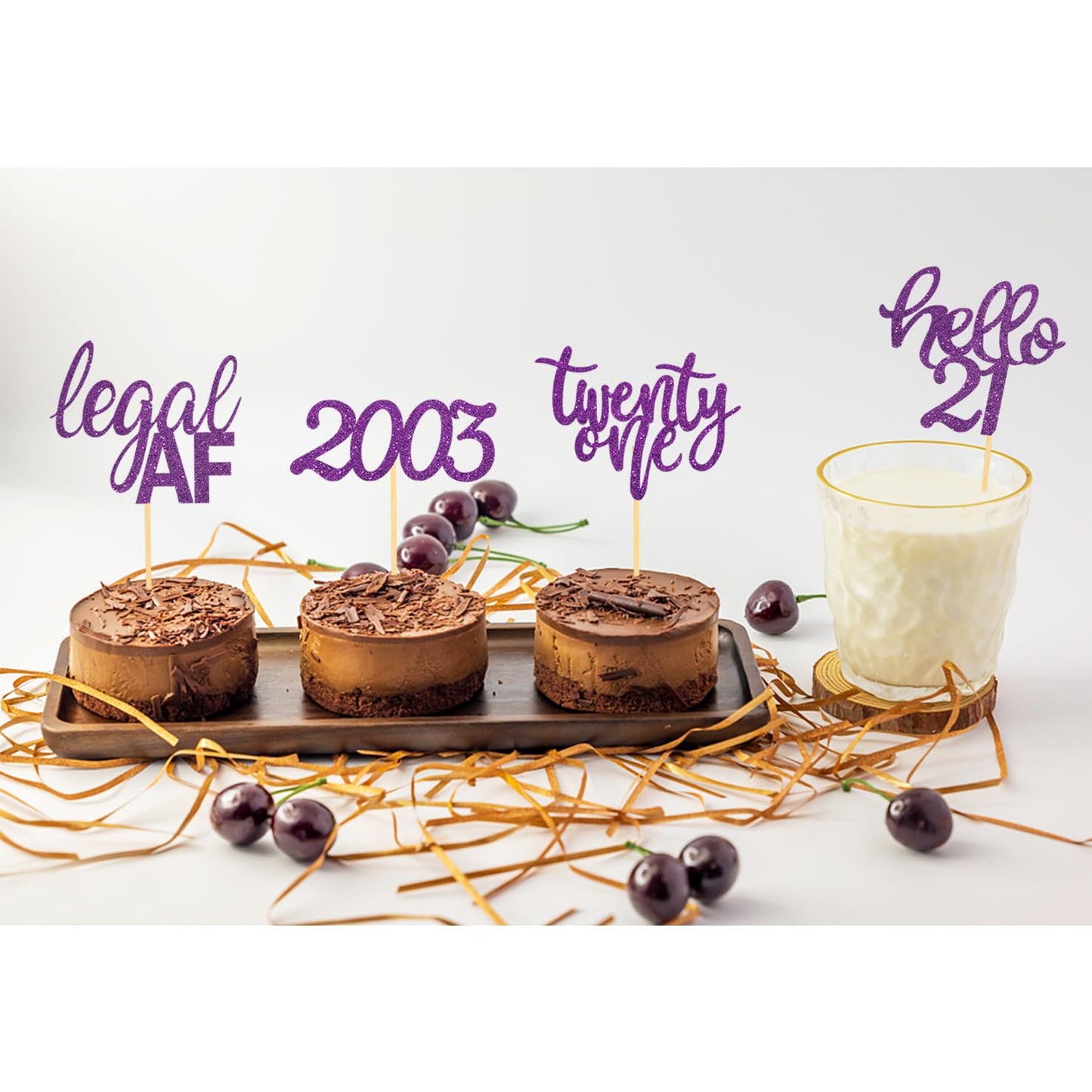 24 Pcs Glitter 21St Birthday Cupcake Toppers For Celebrating Twenty-One Years Old Birthday Party Decorations (Purple Glitter)