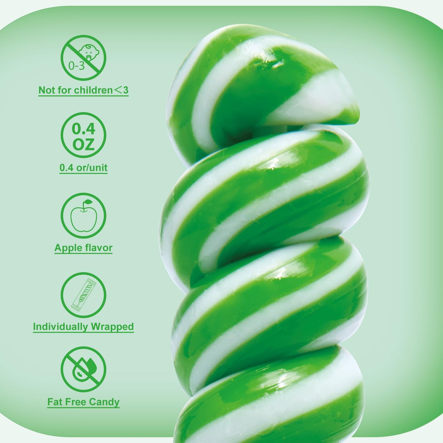 LIDATREE Rainbow Twist Lollipops, Green Apple Flavor, 15-Pack, Individually Wrapped, Perfect for Birthday Parties