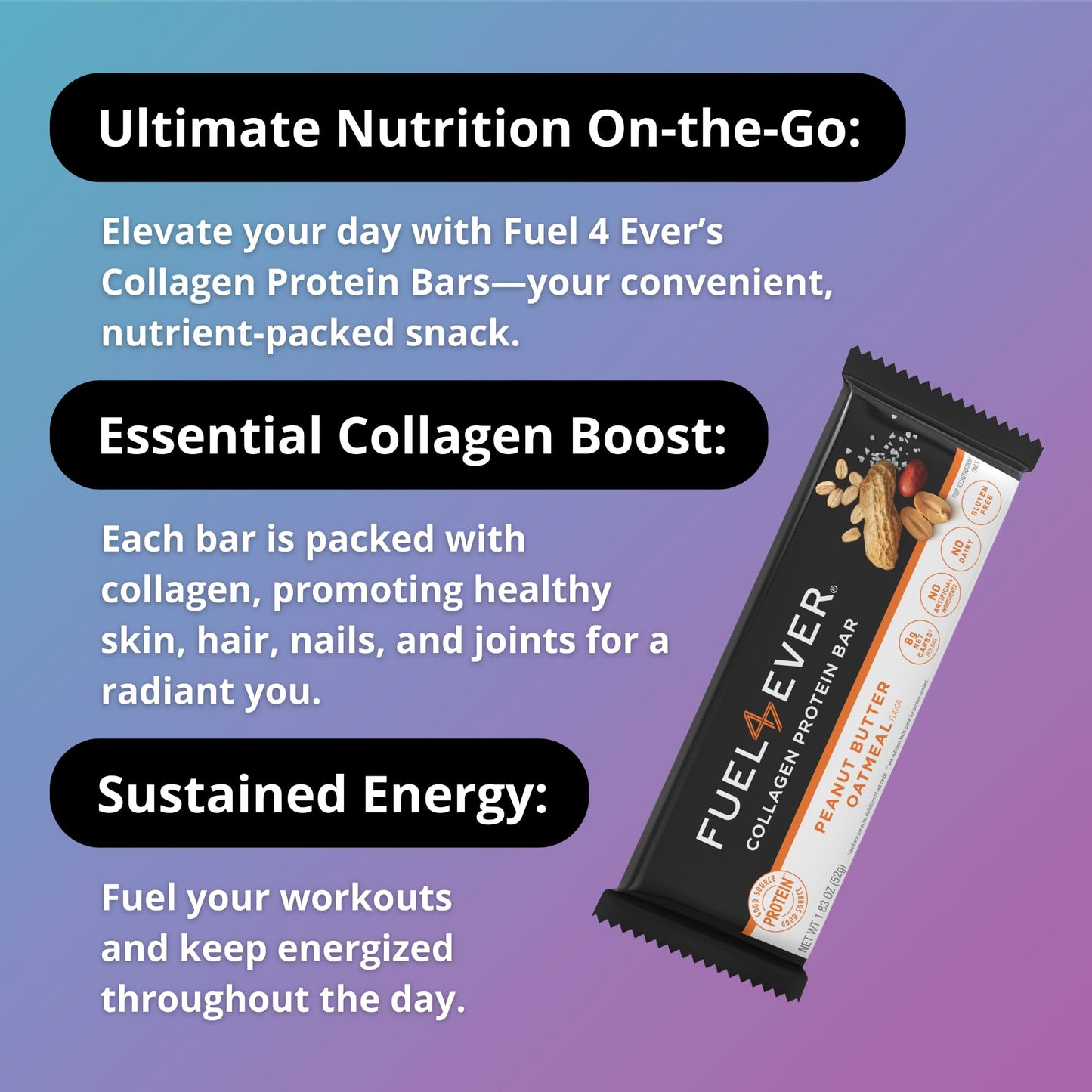 Fuel 4 Ever Peanut Butter Oatmeal Collagen Protein Bars, 14g Protein, MCT Oil, No Artificial Ingredients, Low Carb, High Fiber S