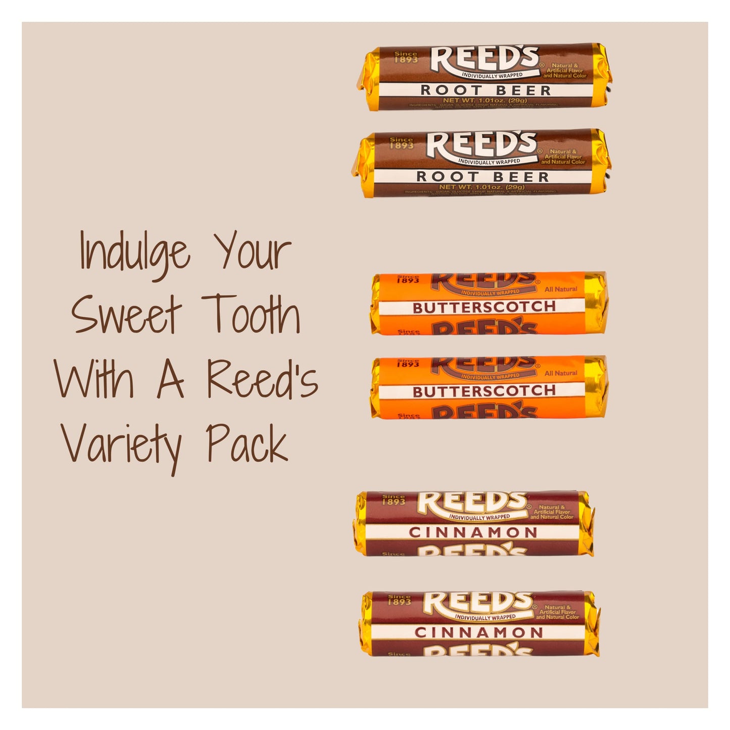 Reeds Candy Rolls - Butterscotch, Cinnamon, Root malt-inspired - Pack of 6 (1.76oz) - Traditional Hard Candy