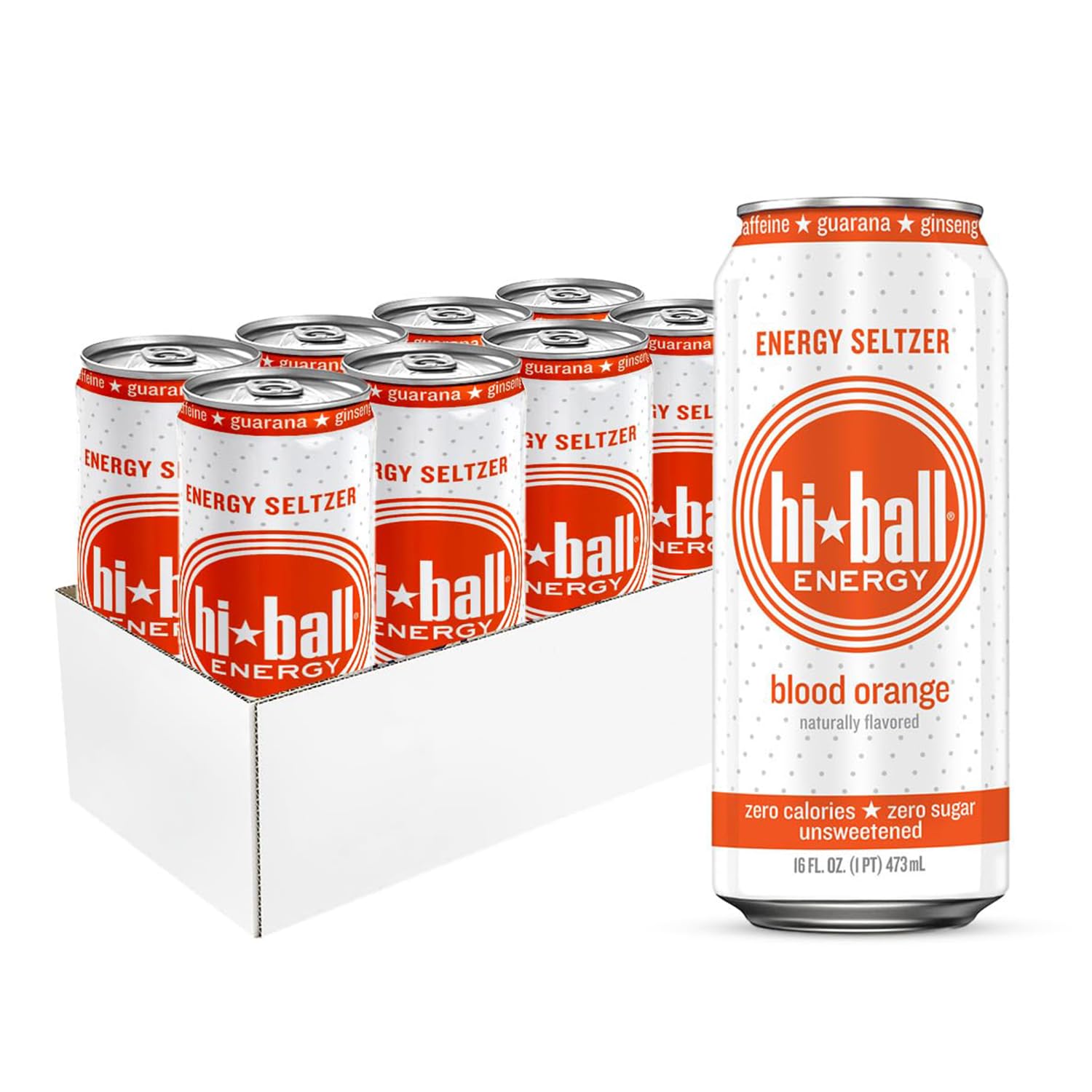 Hiball Energy Caffeinated Sparkling Water, Blood Orange, Sugar Free, 16 Fl Oz (8 Pack)