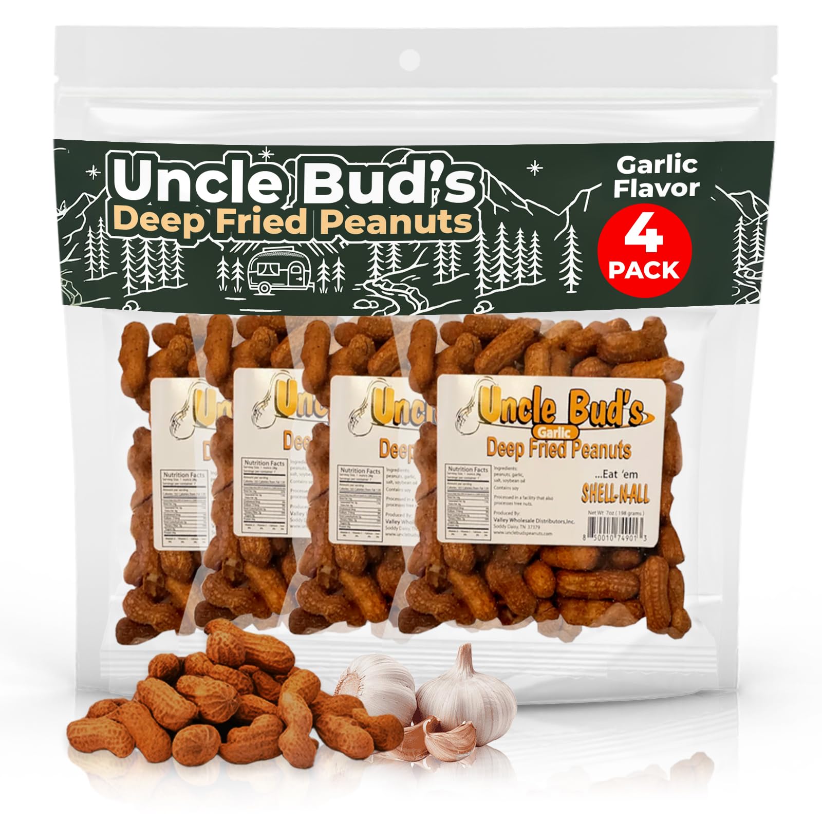 Jerky-n-Spice Uncle Buds Deep Fried Peanuts In Shell 4-Pack | Crunchy Garlic, Hot & Spicy, Organic, Salted Peanut Snacks