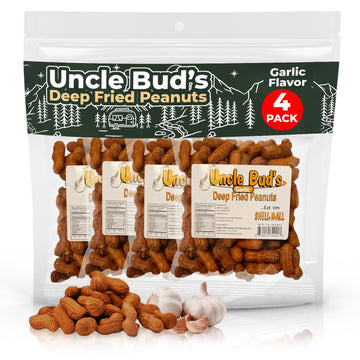 Jerky-n-Spice Uncle Buds Deep Fried Peanuts In Shell 4-Pack | Crunchy Garlic, Hot & Spicy, Organic, Salted Peanut Snacks