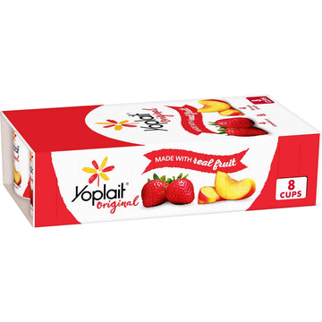Yoplait Original Low Fat Yogurt Variety Pack, Strawberry and Harvest Peach, Made with Real Fruit, 8 Yogurt Cups, 48 oz
