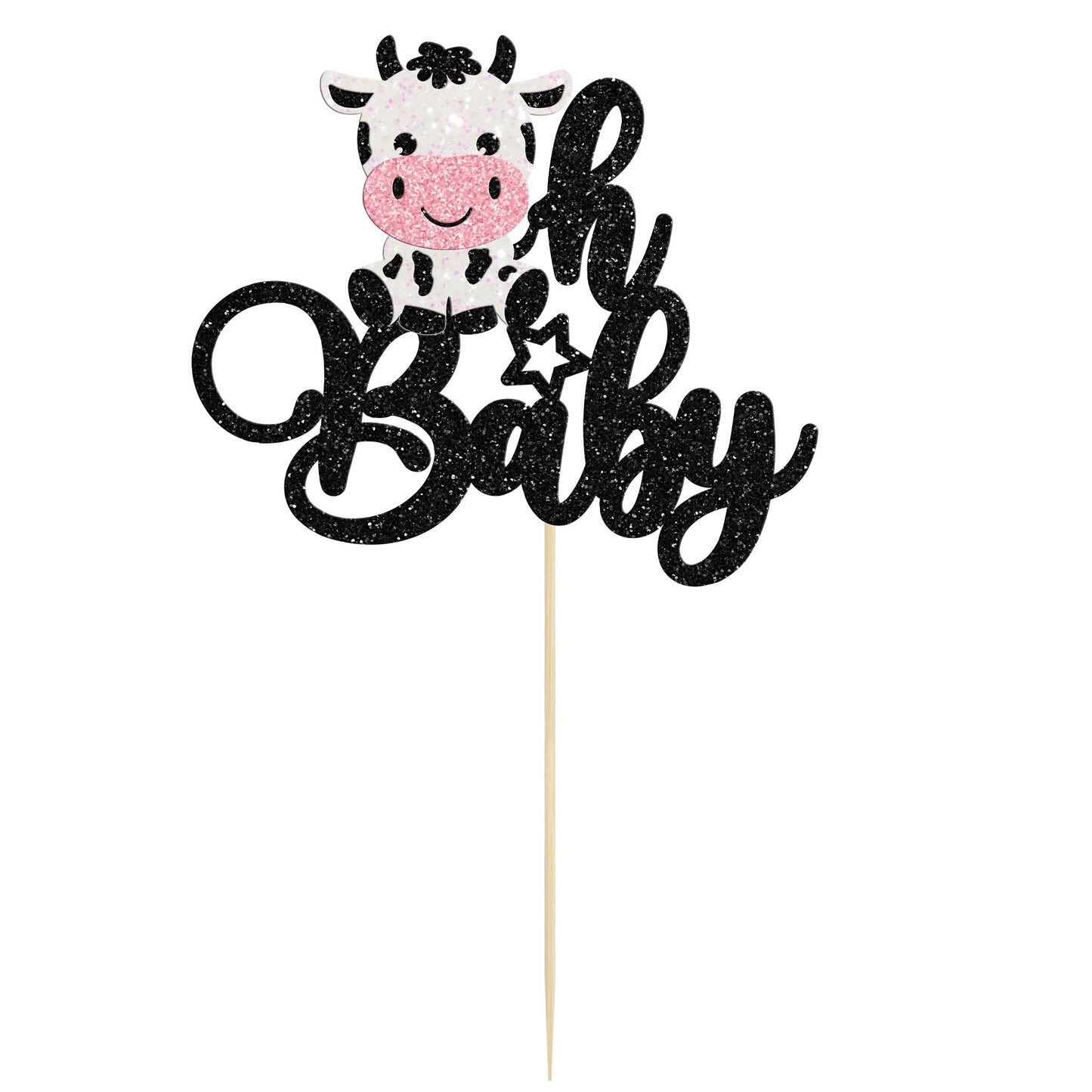 Gyufise 1Pc Cow Oh Baby Cake Topper Glitter Farm Animals Oh Baby Cow Cake Pick For Gender Reveal Theme Baby Shower Kids Boys Gir