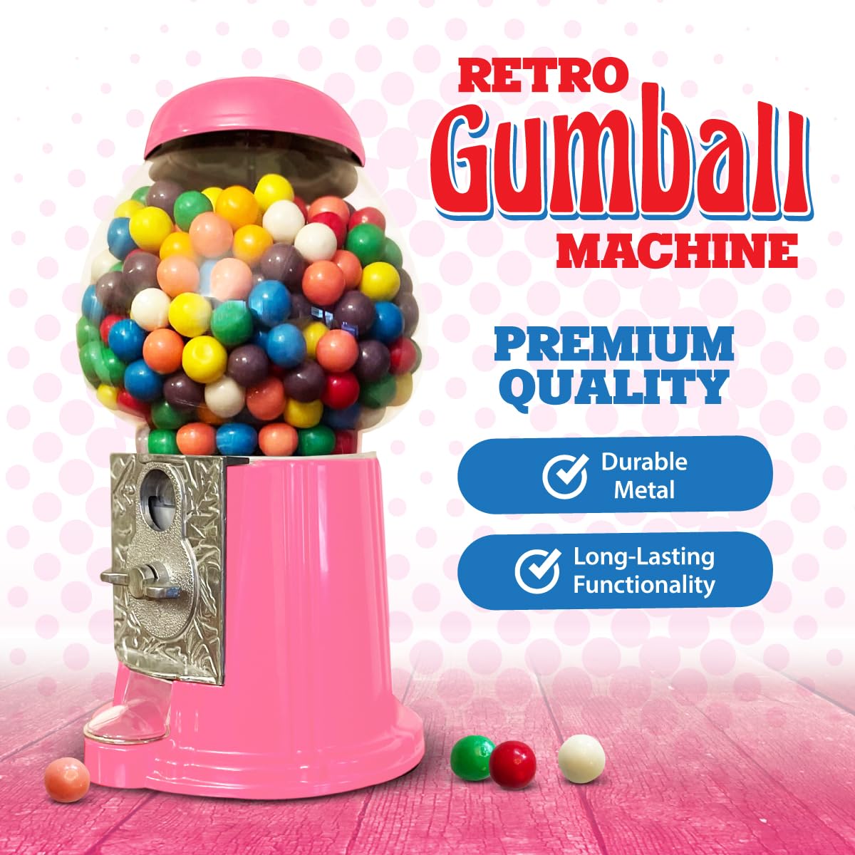 American Gumball Company - Metal 11-Inch Retro Style Pink Gumball Machine, Made For 0.62 Inch Gumballs, Candy Or Nuts, Accepts A