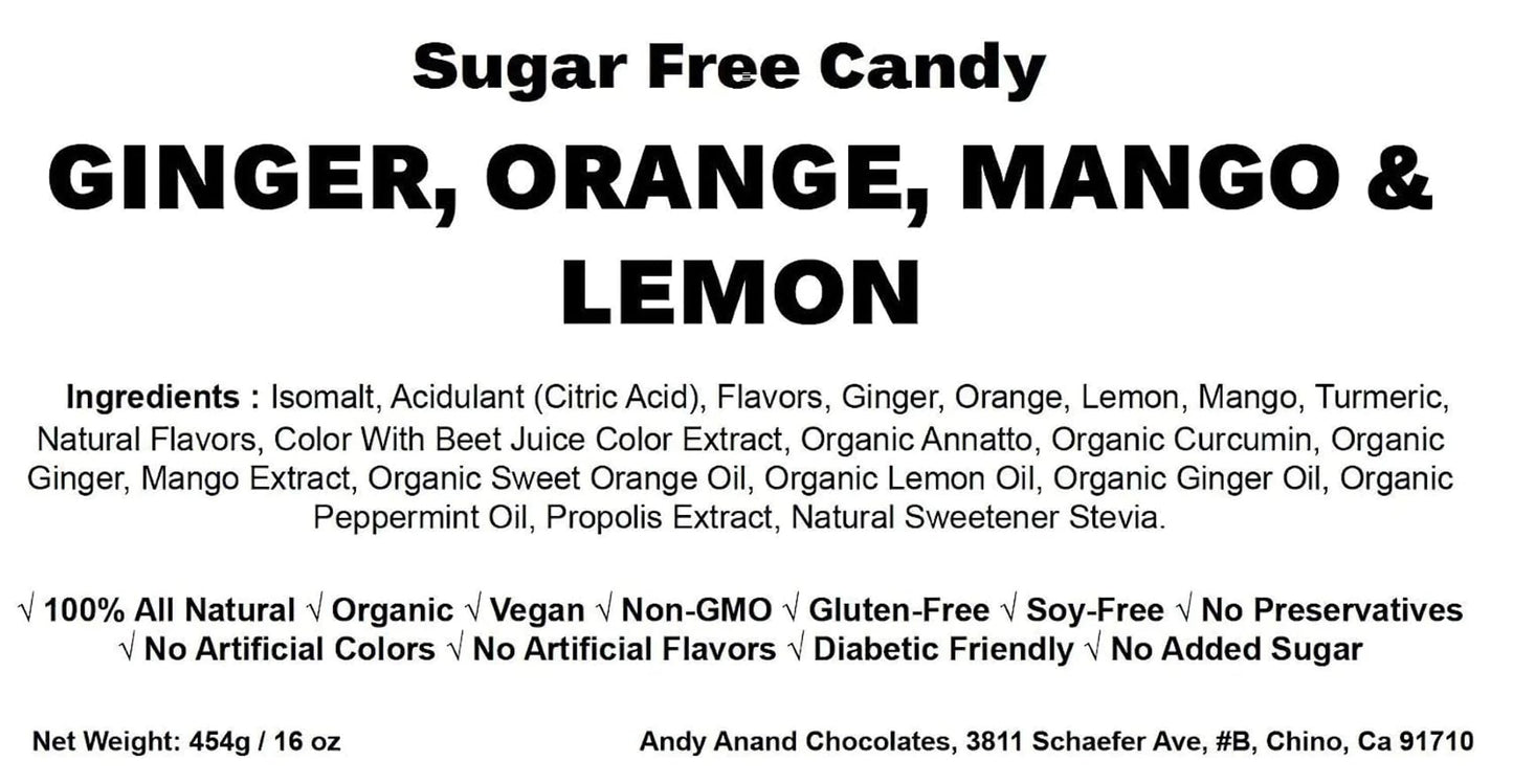 Andy Anand 120Pc Sugar Free Ginger Candy With Great Tasting 3 Flavors Orange, Mango & Lemon. Sweetened With Natural Stevia, Deca