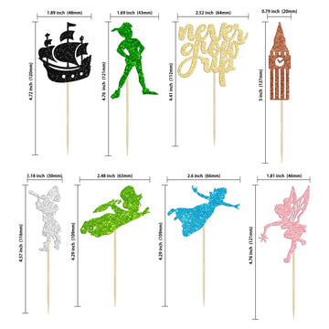 Gyufise 24 Pack Never Grow Up Cupcake Toppers Glitter Ship Neverland Elf Girl Cupcake Picks Night Fairy Tales P Pan Cupcake Deco