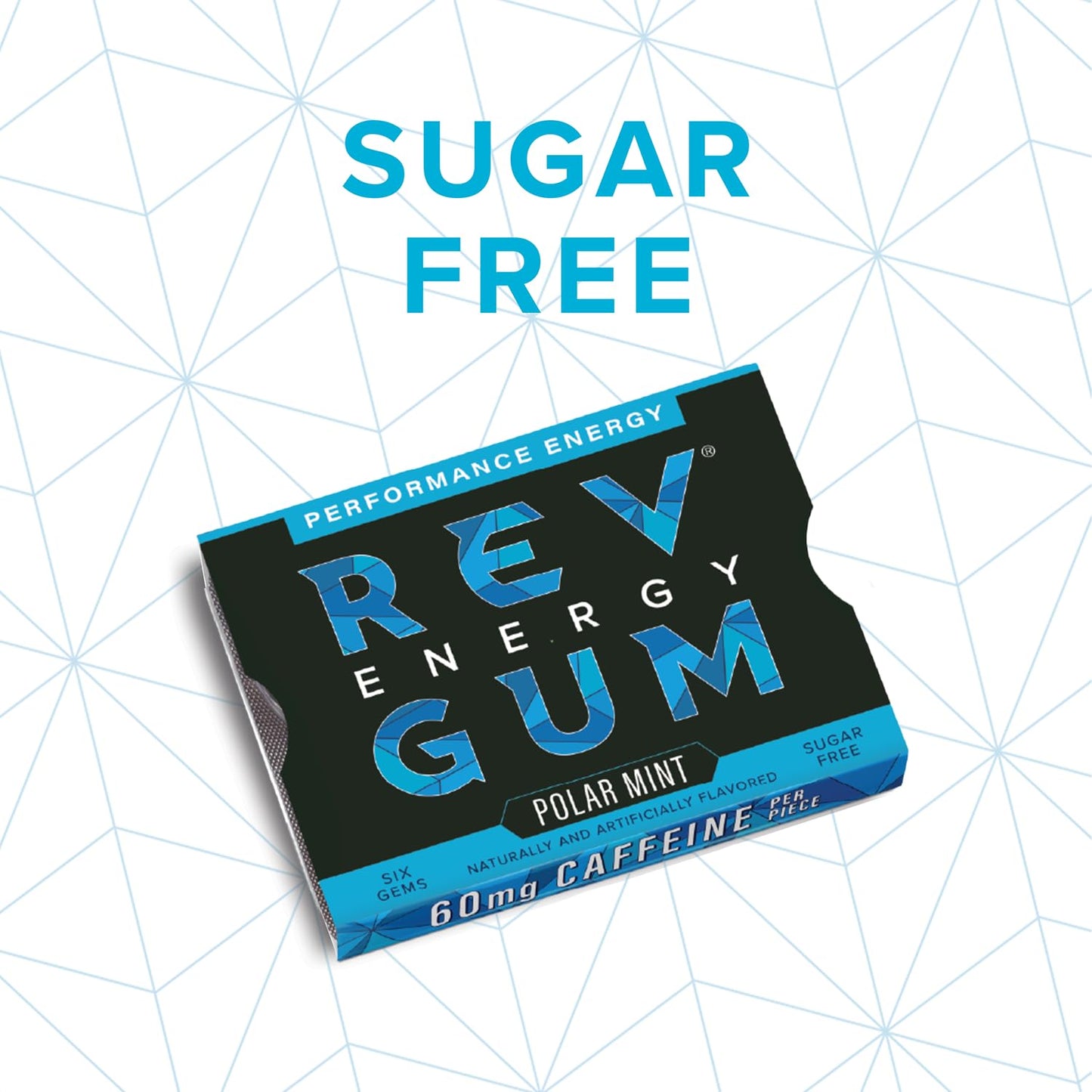 REV Caffeine Energy Gum - Polar Mint, Sugar Free, Low Calorie, Regular Strength, 60mg Caffeine per Gum, 12 Packs (72 Count)