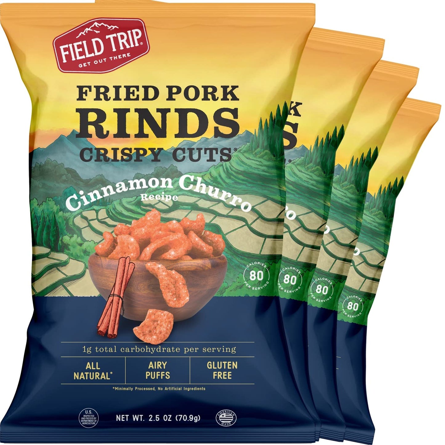Field Trip Gluten Free Pork Rinds, Paleo & Keto Friendly Airy Puffs, Crunchy High Protein Snacks, Low Carb Snack From Back Pork Skins, 2.5Oz Bag, 4 Pack, Cinnamon Churro, Holiday & Christmas Gift Item