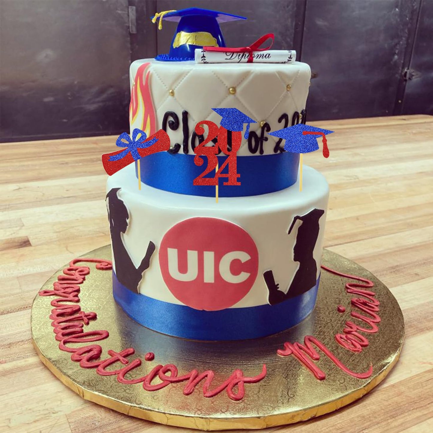 Graduation Cupcake Toppers Grad Party Decoration Food Picks Congrats Glitter Diploma Cap School Colors Supplies 24 Pcs Red Blue