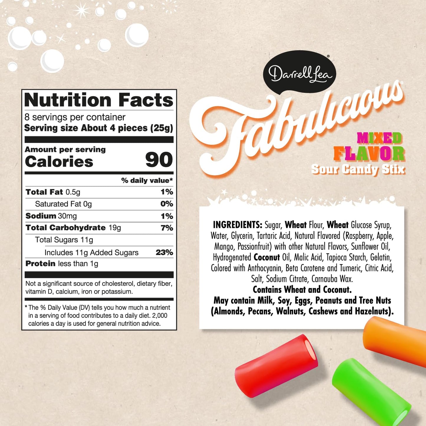 Darrell Lea Fabulicious Mixed Flavors Sour Candy Stix, 7 Ounce (Pack Of 8) | Soft And Tangy, No Artificial Flavors, Palm Oil Fre