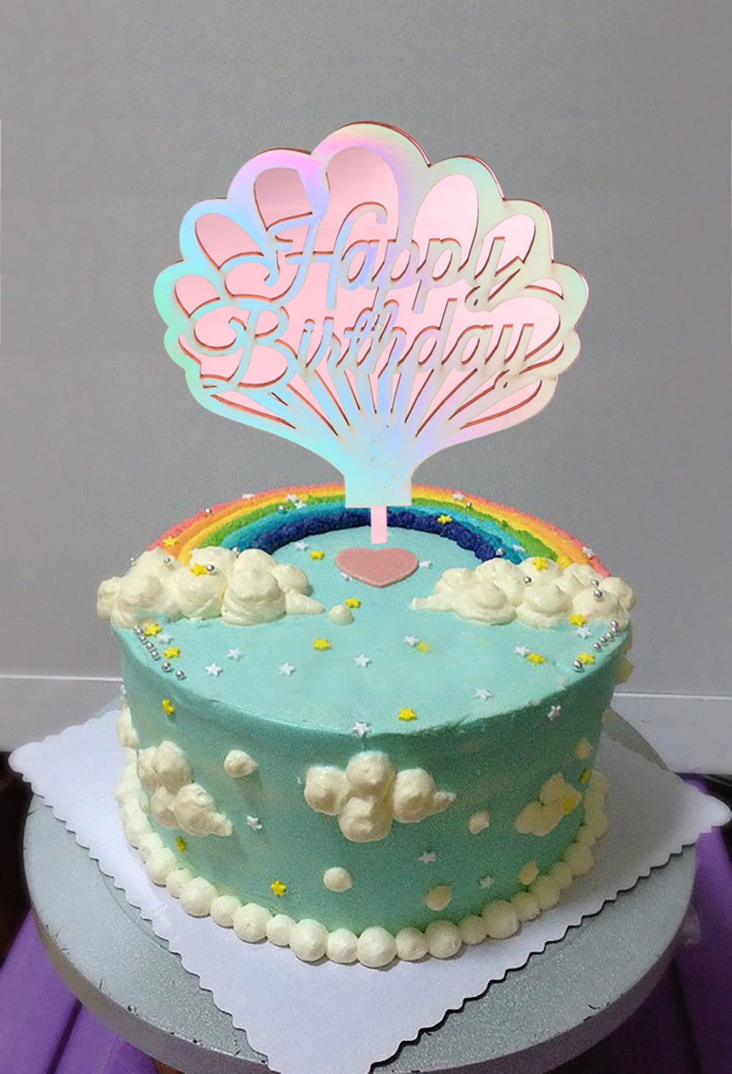 Double Layer Shining Shell Shape Happy Birthday Cake Topper,Dreamlike Ocean Shell Themed Cake Decoration For Girls Birthday,Summ