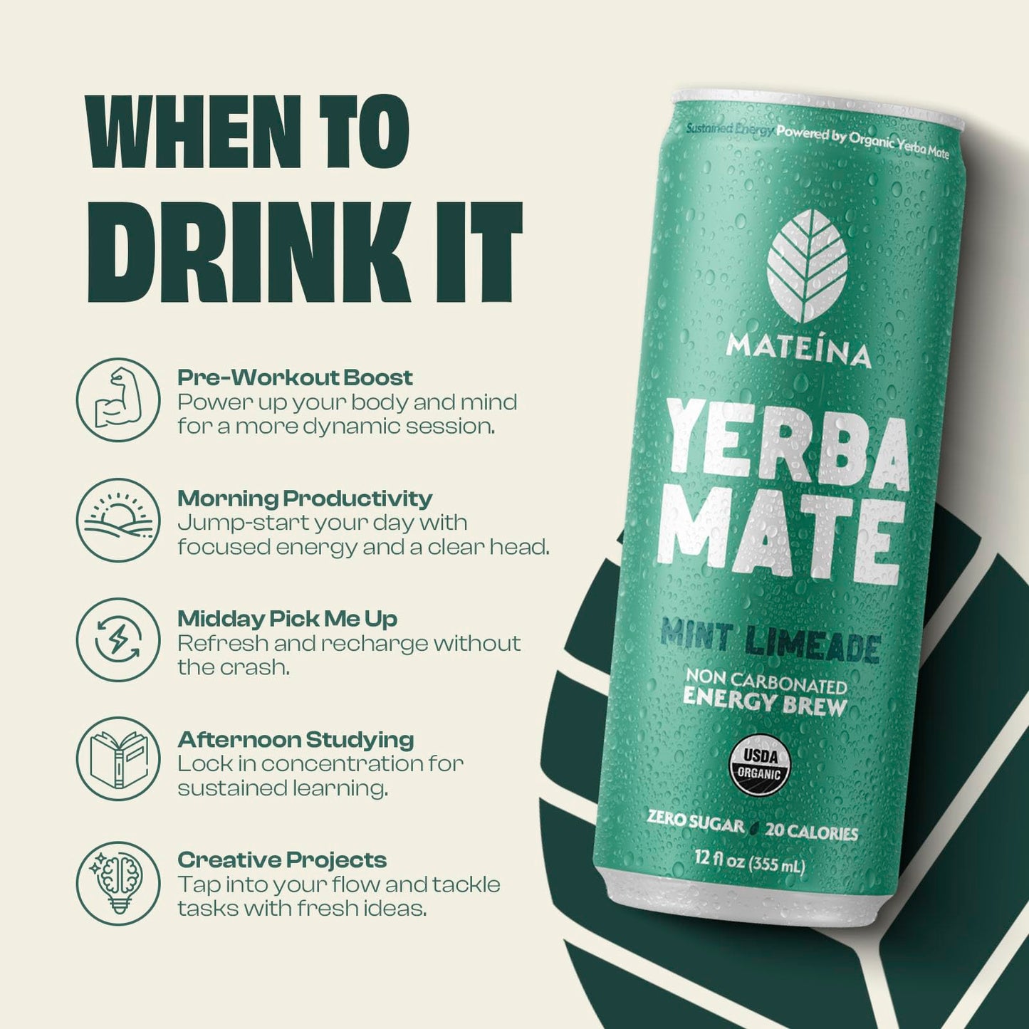 Mateina Yerba Mate Zero Sugar Energy Drink - 120mg Natural Caffeine - Organic  Non-GMO  Non-Carbonated - Dr. Andrew Huberman Recommended - 12 Pack (12oz Cans) (12 Pack  Mint Limeade)