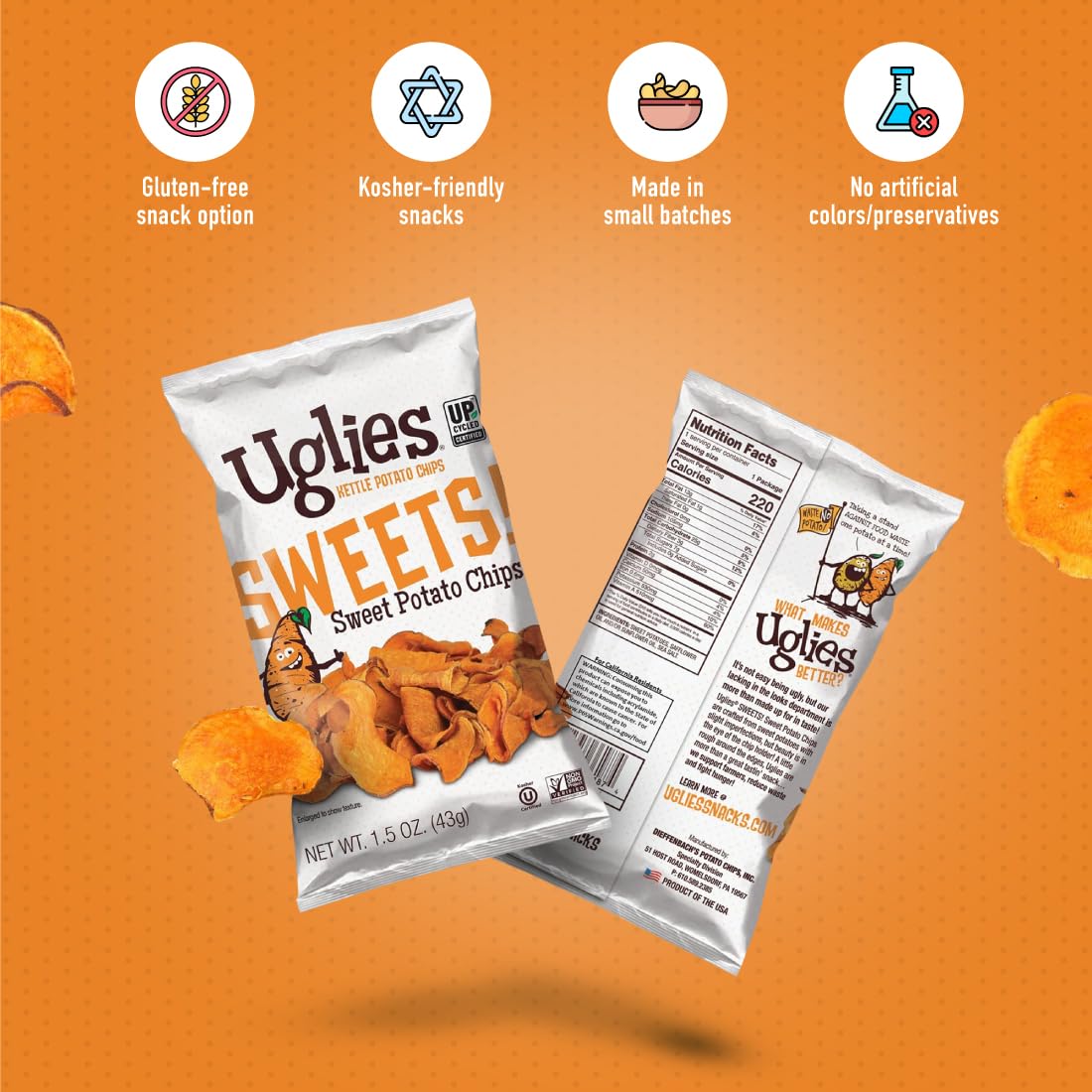 Uglies Sweet Potato Kettle-Cooked Potato Chips, Gluten-Free, 5.5 Oz. Bags, Pack of 12, Natural