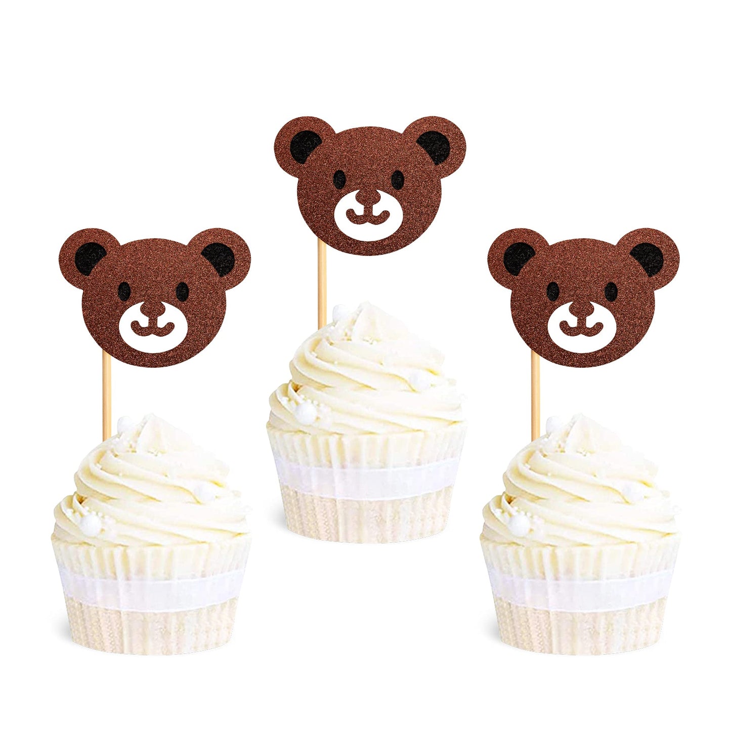 Ercadio Bear Head Cupcake Toppers - 24 Pack, Glitter Paper Jungle Animals, Baby Shower Birthday Party Decorations, Small Size