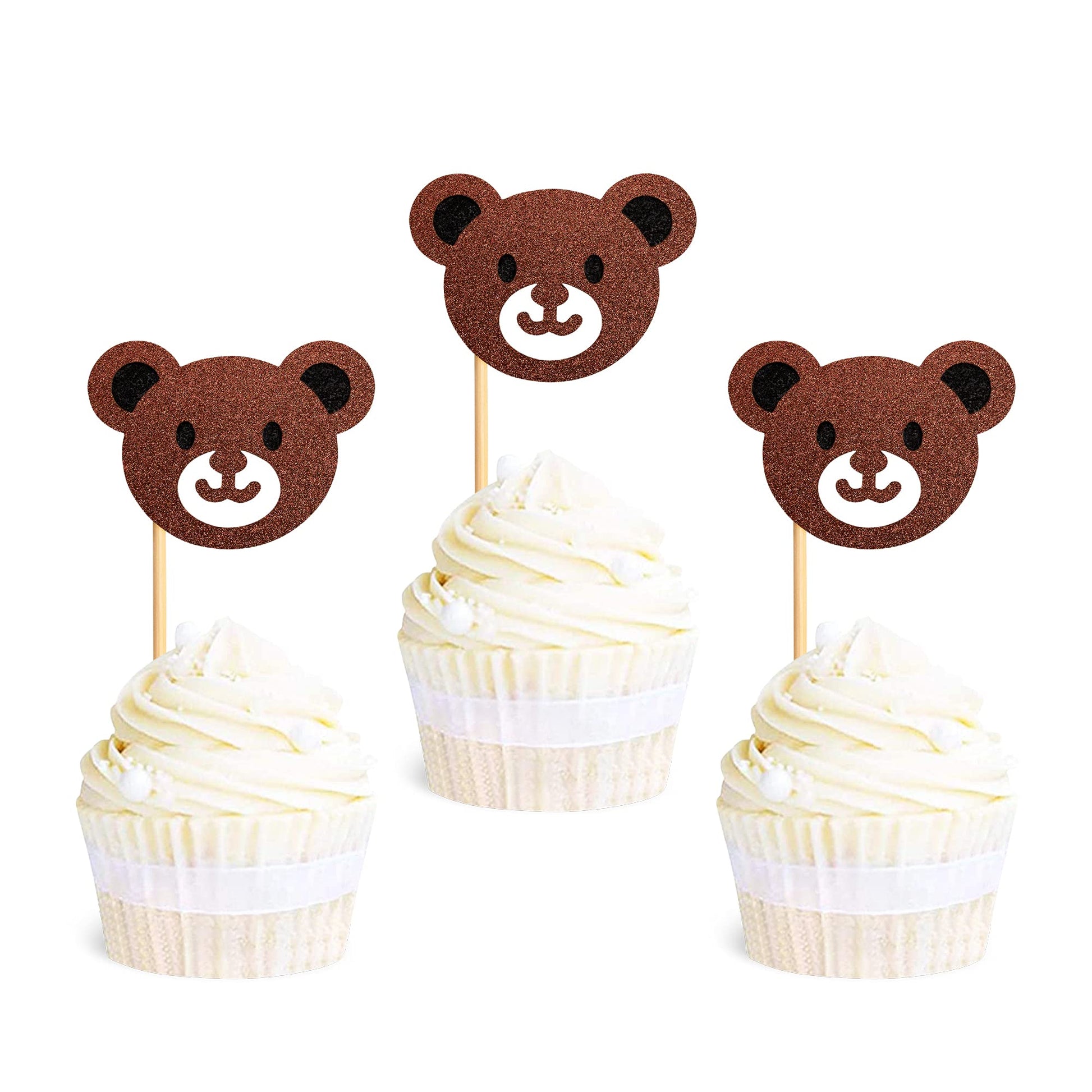Ercadio Bear Head Cupcake Toppers - 24 Pack, Glitter Paper Jungle Animals, Baby Shower Birthday Party Decorations, Small Size