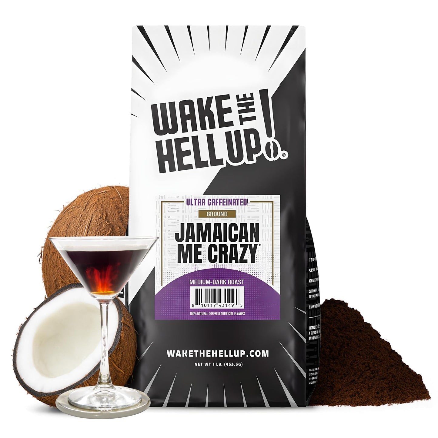 Wake The Hell Up! 1Lb Ultra-Caffeinated Jamaican Me Crazy Ground Coffee  Low Acid  Medium-Dark Roast