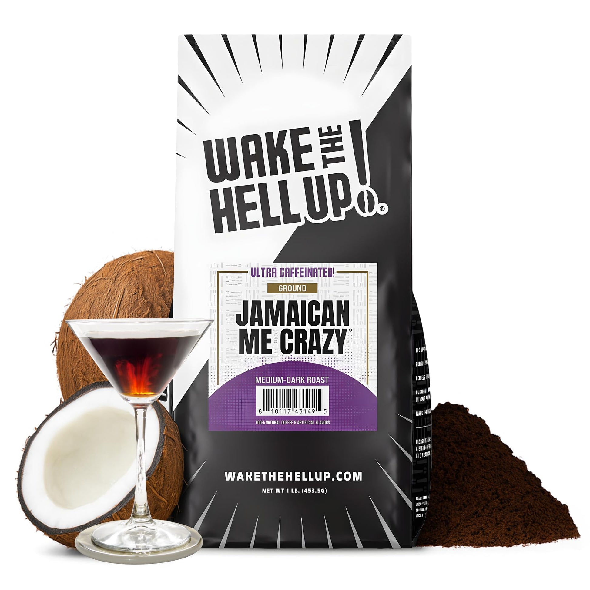 Wake The Hell Up! 1Lb Ultra-Caffeinated Jamaican Me Crazy Ground Coffee  Low Acid  Medium-Dark Roast