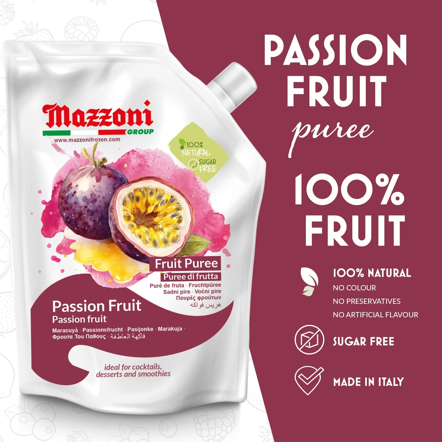 Mazzoni Passion Fruit Puree, 100% Pure Passion Fruit, Maracuya, Just Fruit, No Sugar Added, 2.2 Lbs (35.2 Oz) Real Fruit For Smo