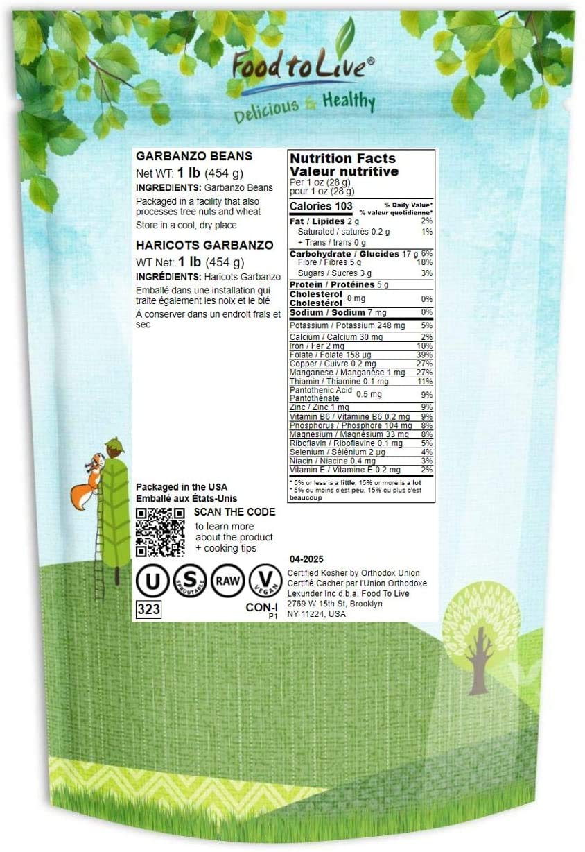 Food to Live - Garbanzo Beans, 1 Pound Whole Dried Raw Chickpeas, Kosher, Vegan, Bulk, Sproutable, Low Sodium, Good Source of Di