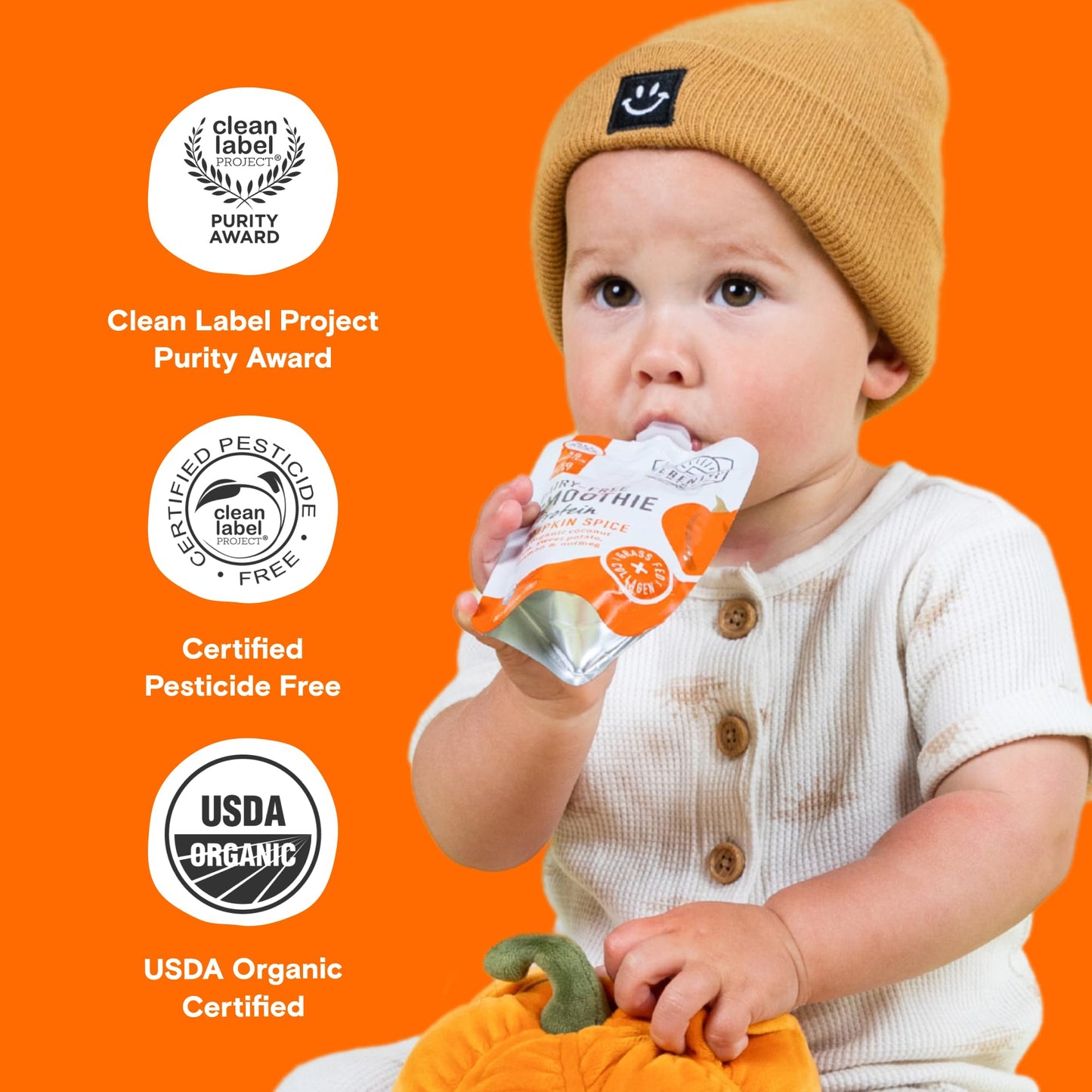 Serenity Kids 6+ Months Dairy-Free Smoothie Baby Food - USDA Organic Grass-Fed Collagen & Pumpkin Protein - 3.5 Oz BPA-Free Cans