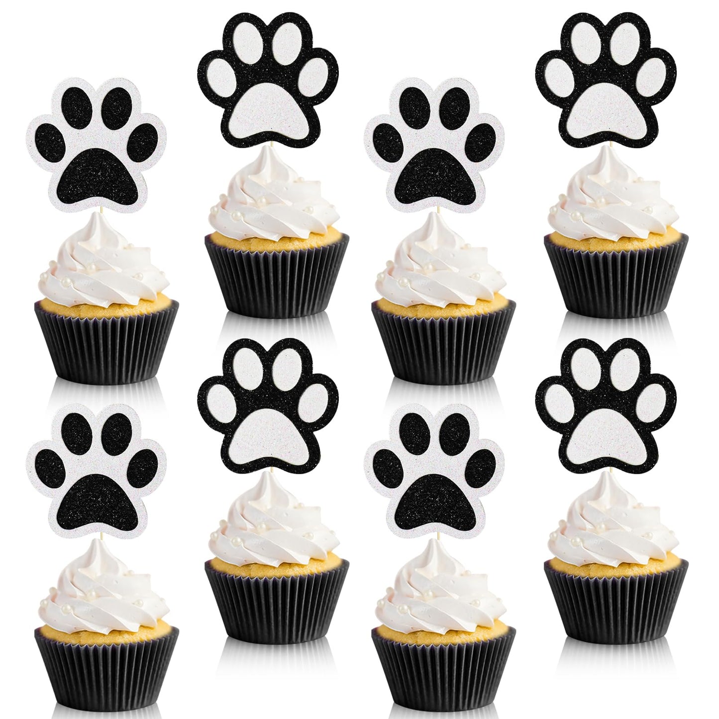 Weecent 36 Pcs Paw Cupcake Toppers Glitter Dog Paw Cake Decorations Black White Glitter Puppy Cupcake Toppers For Baby Shower Bo