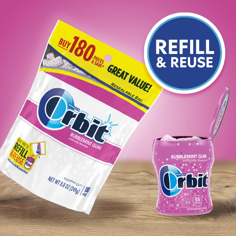 Orbit Sugar-Free Chewing Gum, Bubblemint Flavor, Bulk Pack, 470 Count (2 Bags - 180 Pieces & 2 Bottles - 55 Pieces)