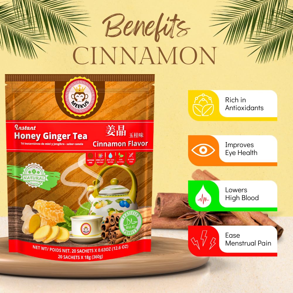 Meekus Premium Ginger Tea Bags & Crystals - Instant Honey Ginger Tea Packets, 18G X 20 Sachets (Cinnamon, 1 Pack)