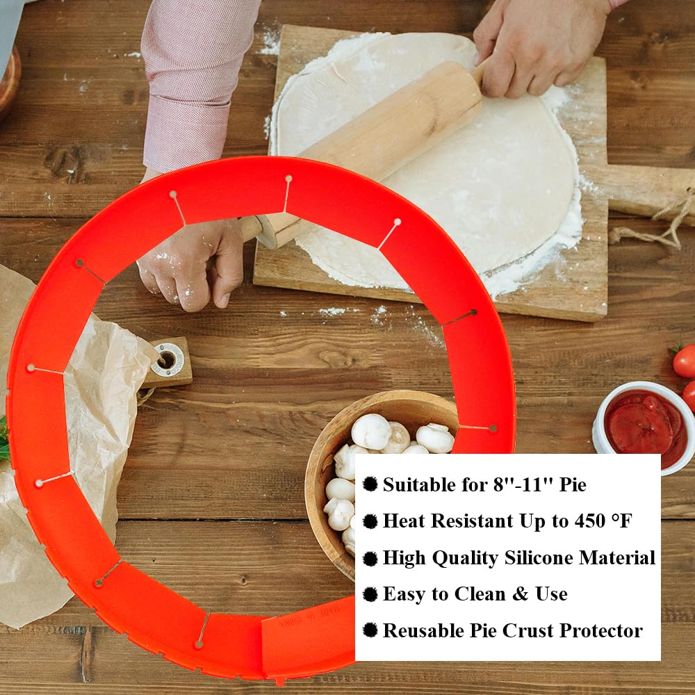 Adjustable Silicone Pie Crust Shields Baking Protectors Cover Ring Fits 8-11.4 Inch Pies Baking Pie Crust Shield Protector Cover
