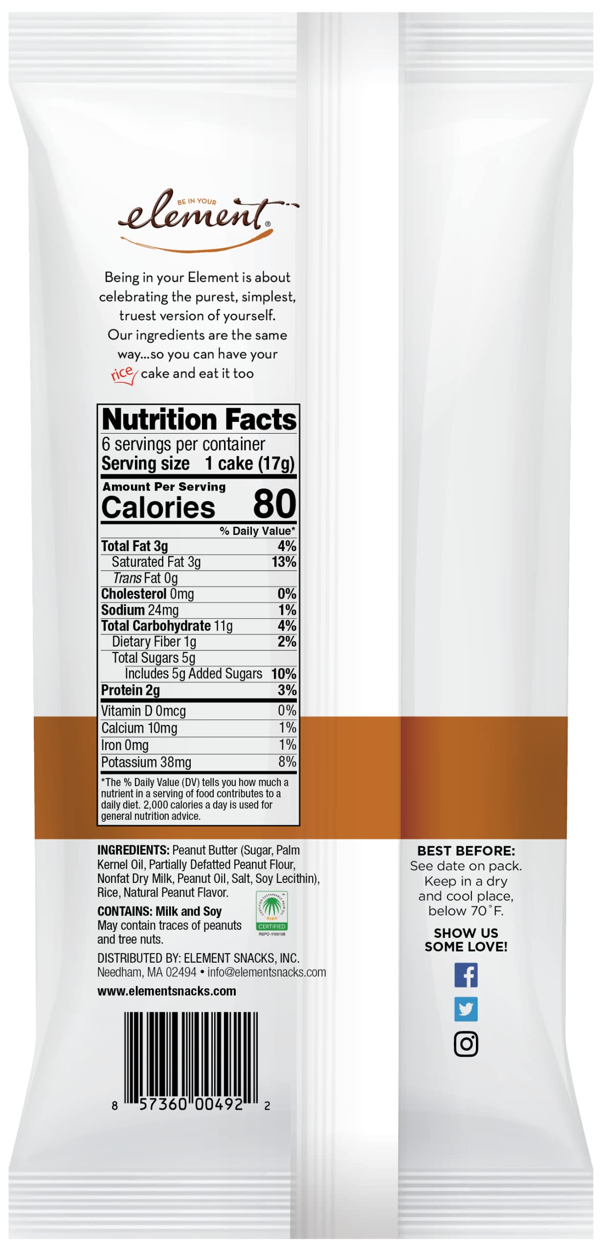 ELEMENT Peanut Butter Rice Cakes, Non-GMO, Gluten-Free, 28 Ounce Pack of 8