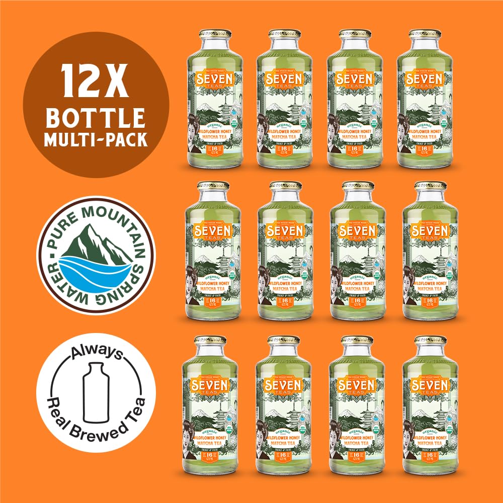 SevenTeas Wildflower Matcha Honey Tea, 16 FL OZ (Pack of 12 Bottles), Organic, Bottled Iced Teas