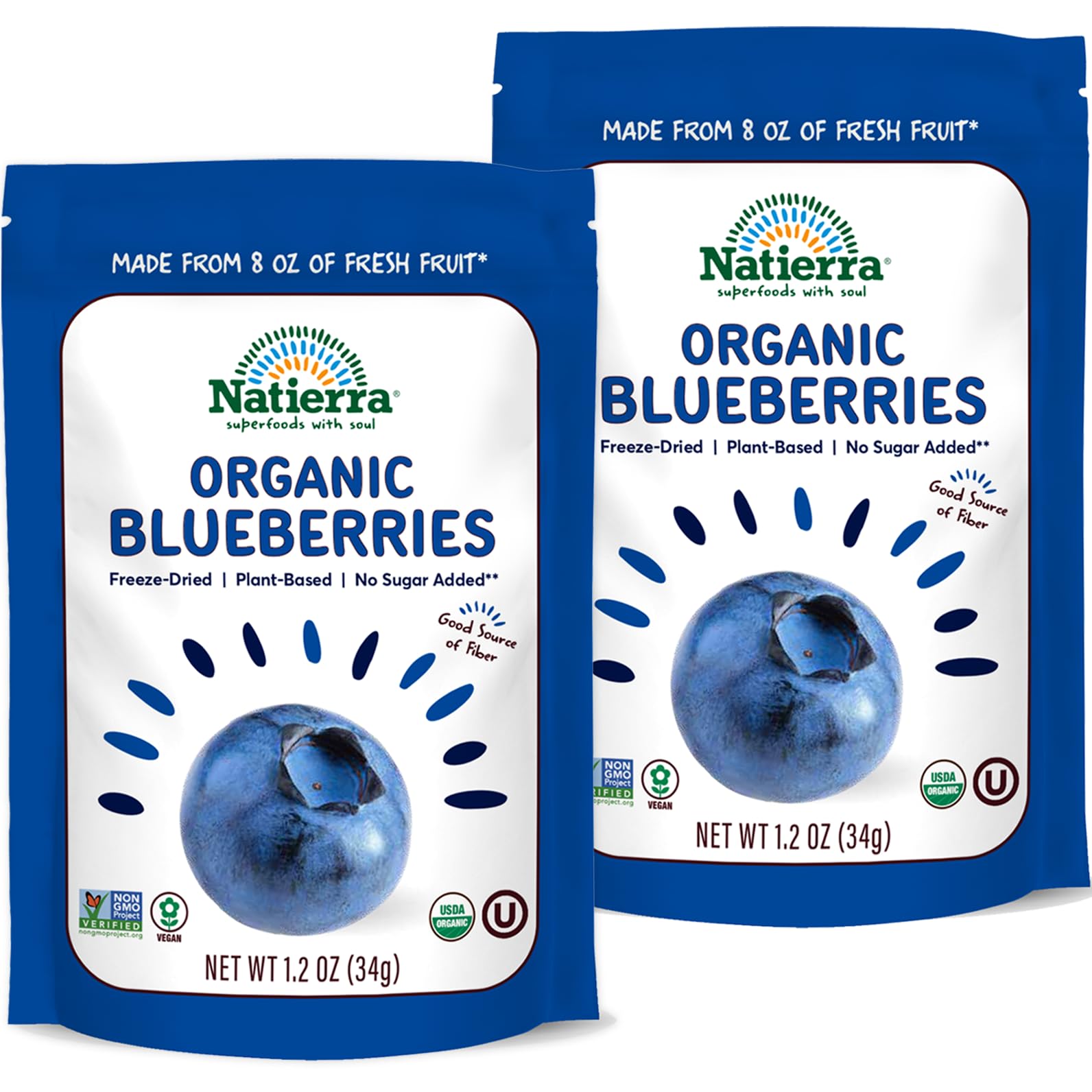 NATIERRA Organic Freeze-Dried Blueberries | Non-GMO & Vegan Blueberry | 1.2 Ounce (Pack of 2)