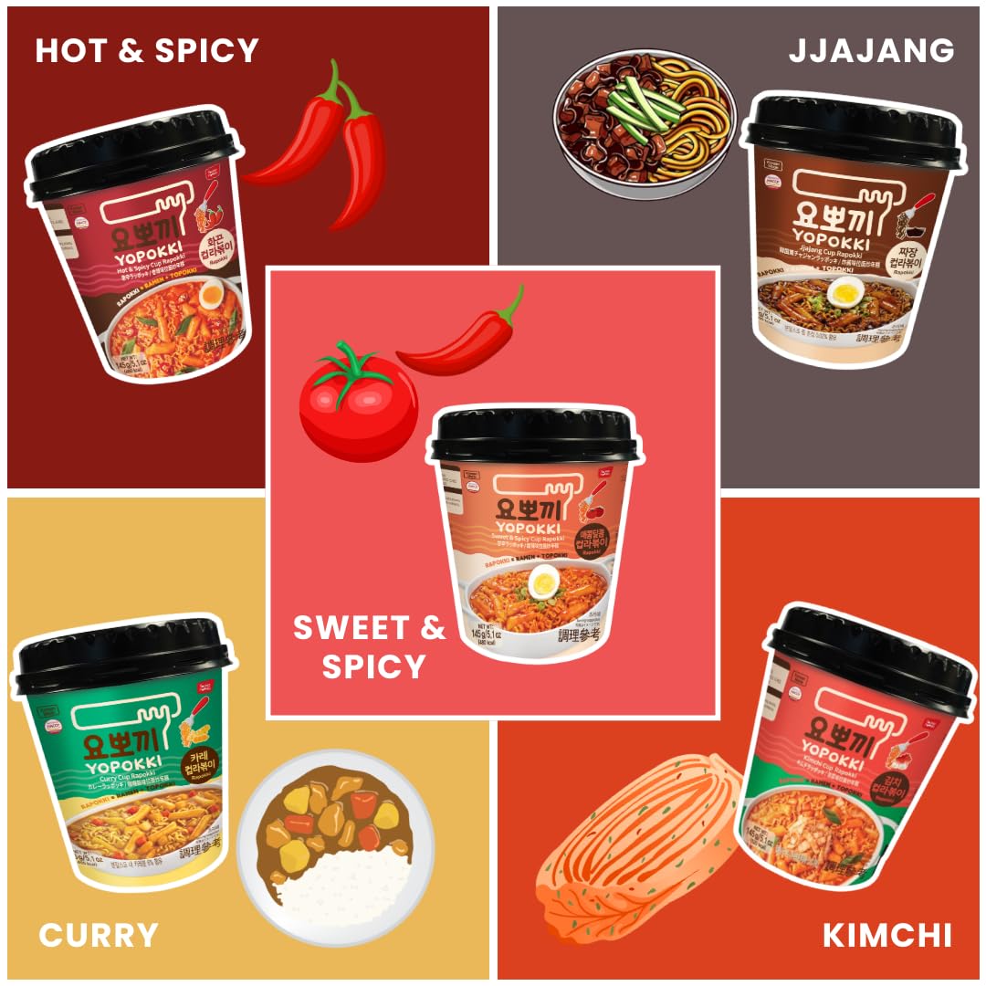 Yopokki Instant Rabokki Cup (Kimchi, 2 Cups) Korean Street food with Kimchi flavored sauce Ramen Noodle Topokki Rice Cake - Quic