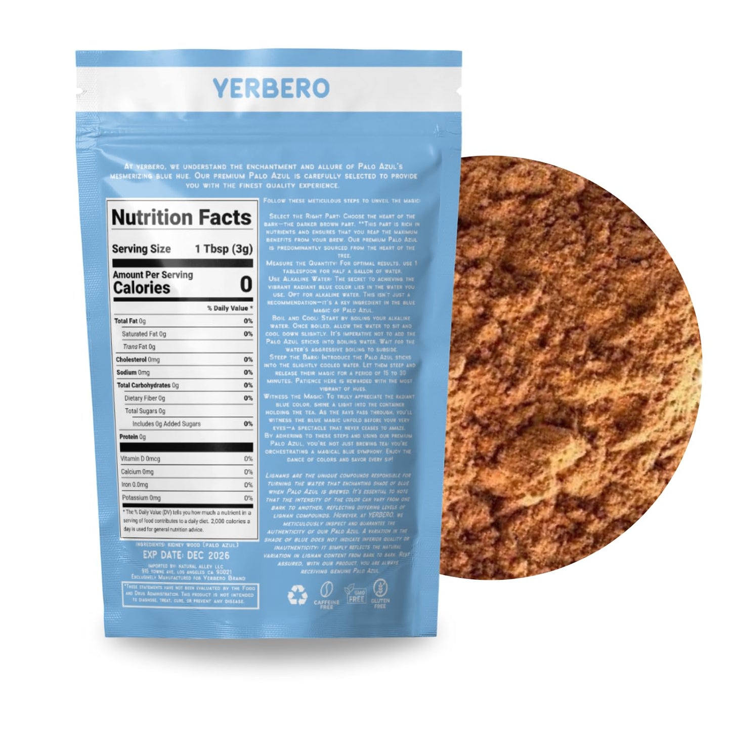 YERBERO Palo Azul Herbal Tea Powder - Premium Quality, Non-GMO, 6oz (170g) Resealable Bag, Makes 60+ Cups, Blue