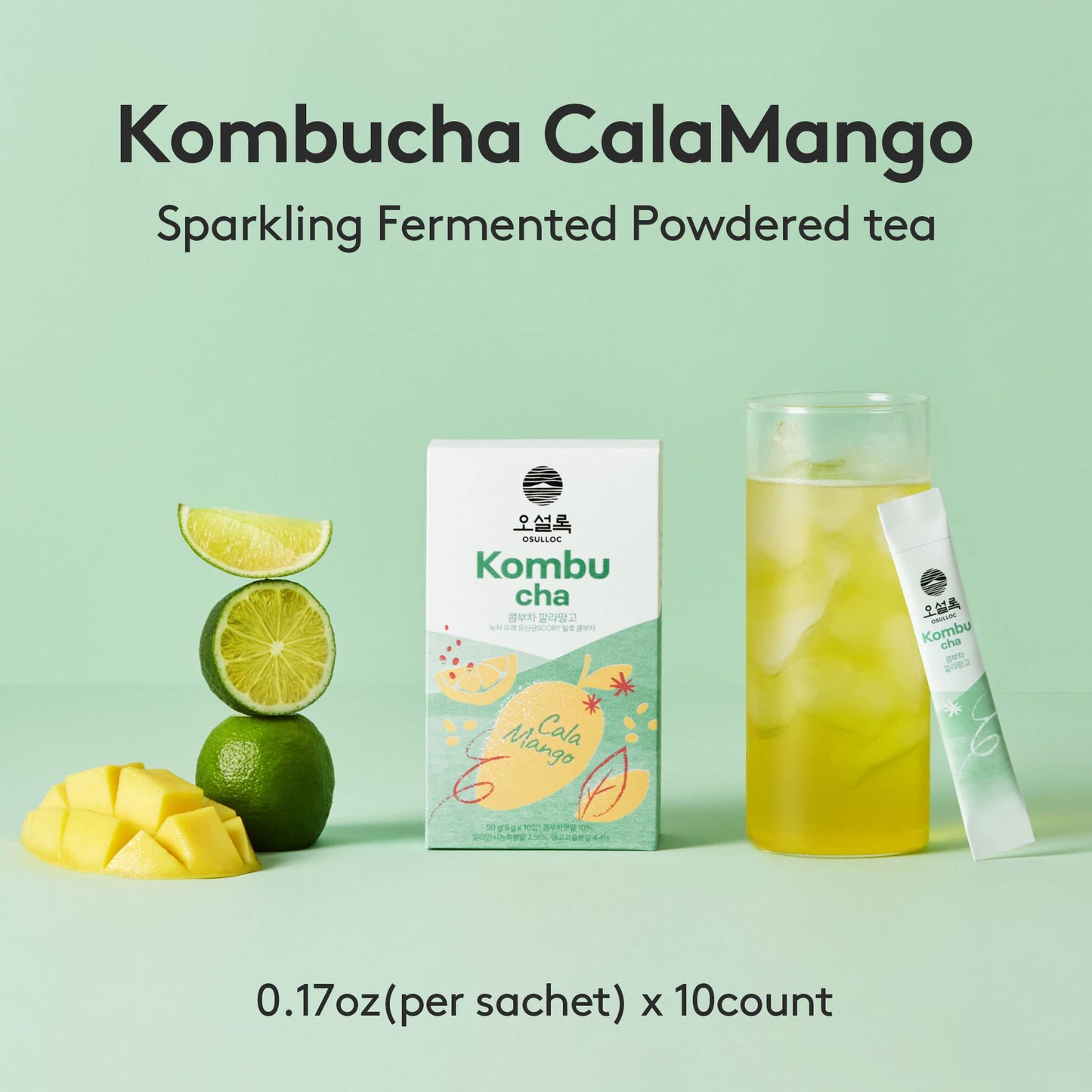 Osulloc Kombucha Tea Calamango (Calamansi & Mango Blending), Sparkling Powdered Mix Beverage, No Added Sugar, 10 Sticks, 1.76Oz