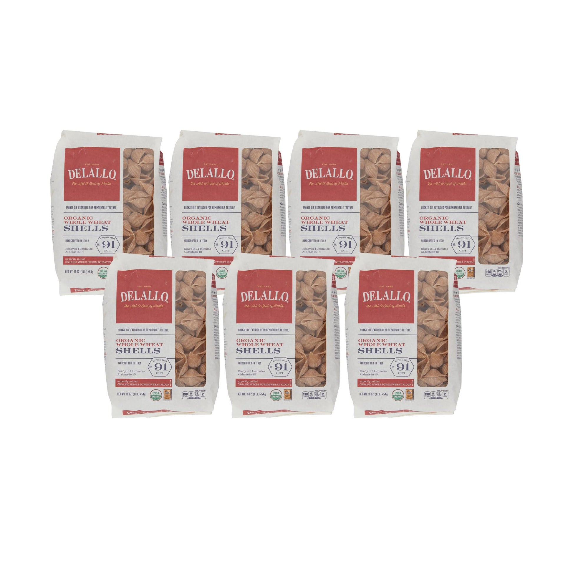 DeLallo Whole Wheat Pasta Shells, 1 Pound Bag, 7 Pack, Made with 100% Organic Whole Wheat Flour, High Protein, Made in Italy