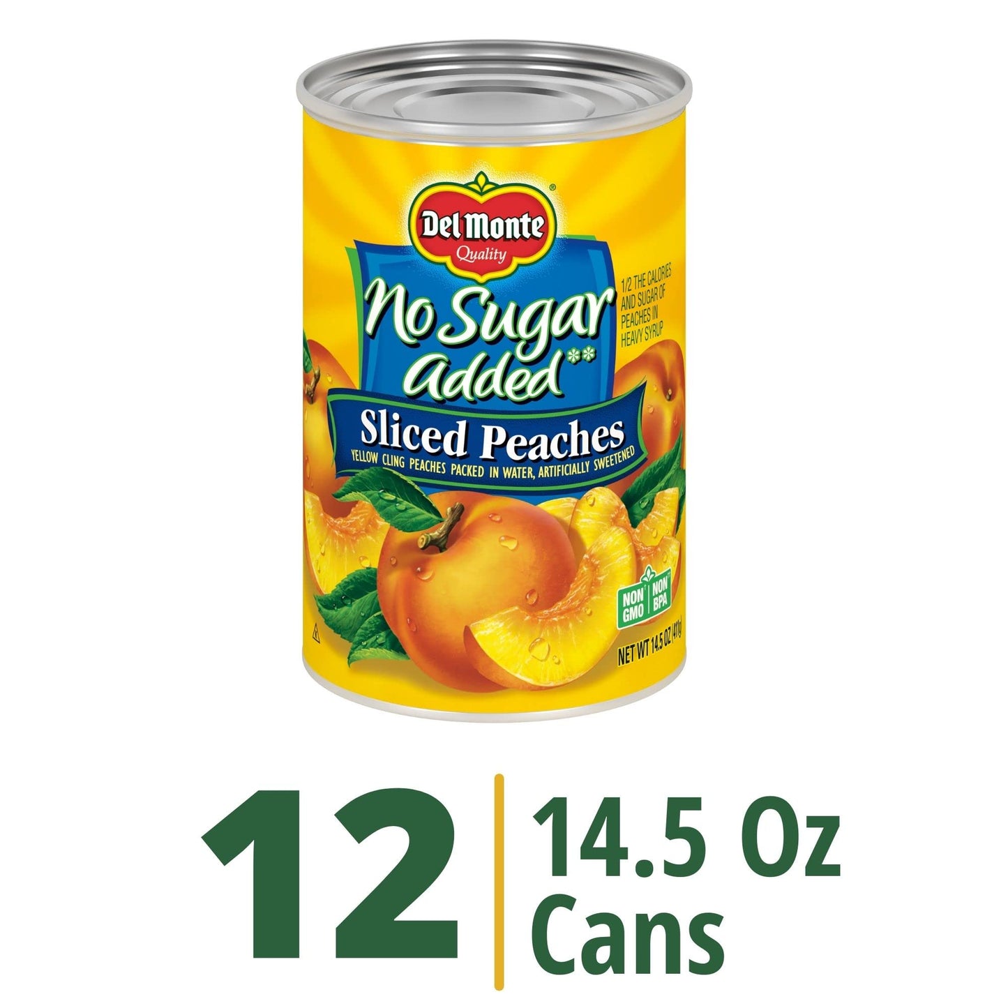 Del Monte Canned Peaches, No Sugar Added, Yellow Cling, 14.5 oz Can, Pack of 12