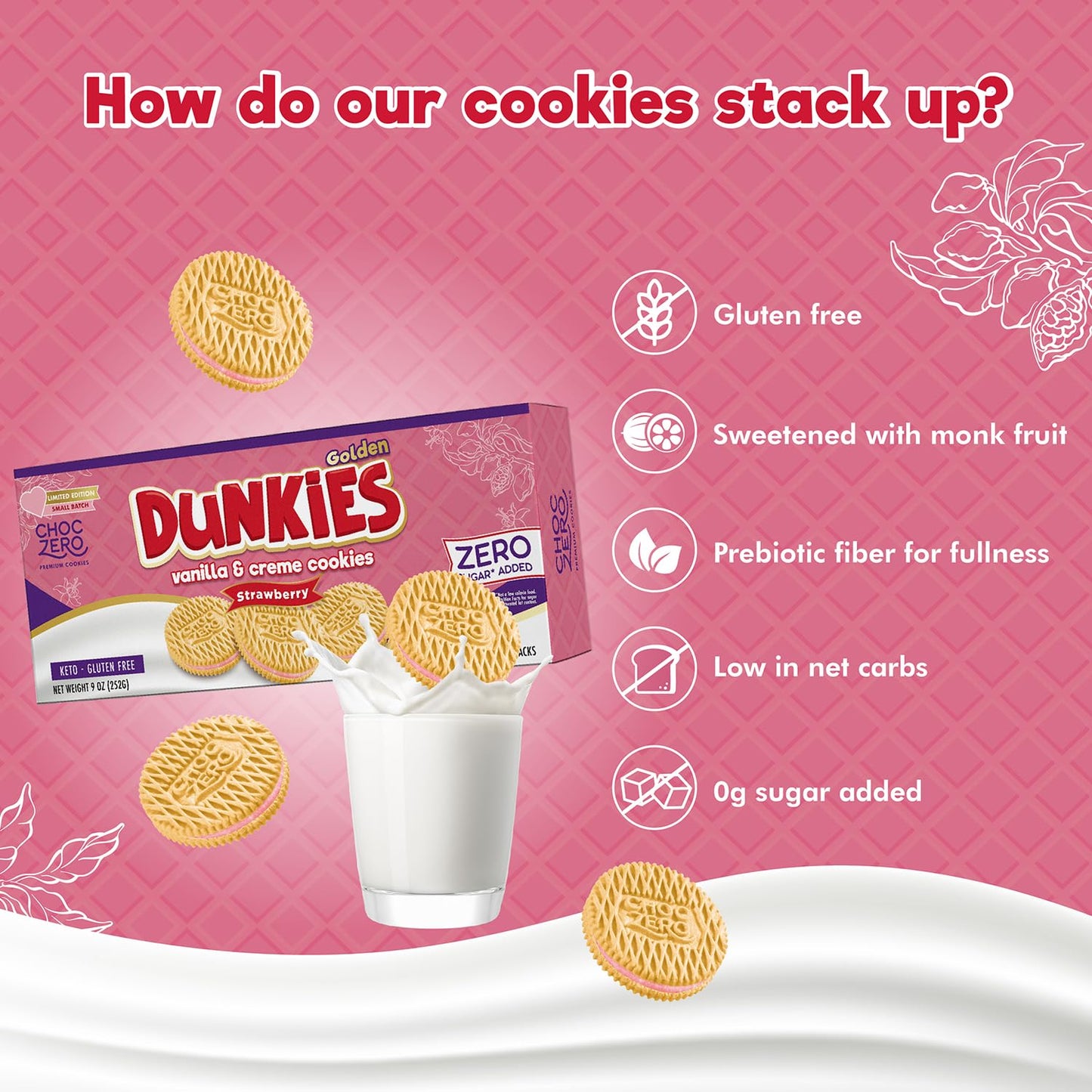 Choczero Strawberry Creme Dunkies, Gluten Free, Low Sugar, Keto Strawberry Vanilla Sandwich Cookies, 9 Oz