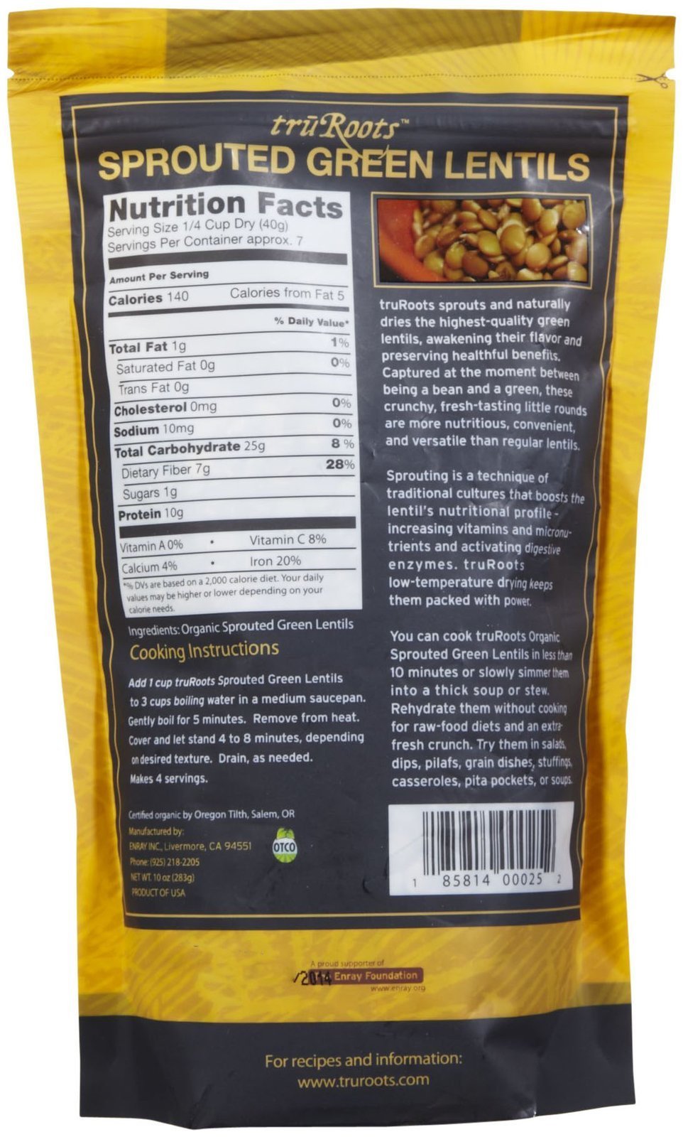 Truroots - Organic Sprouted Green Lentils, 10 Ounces