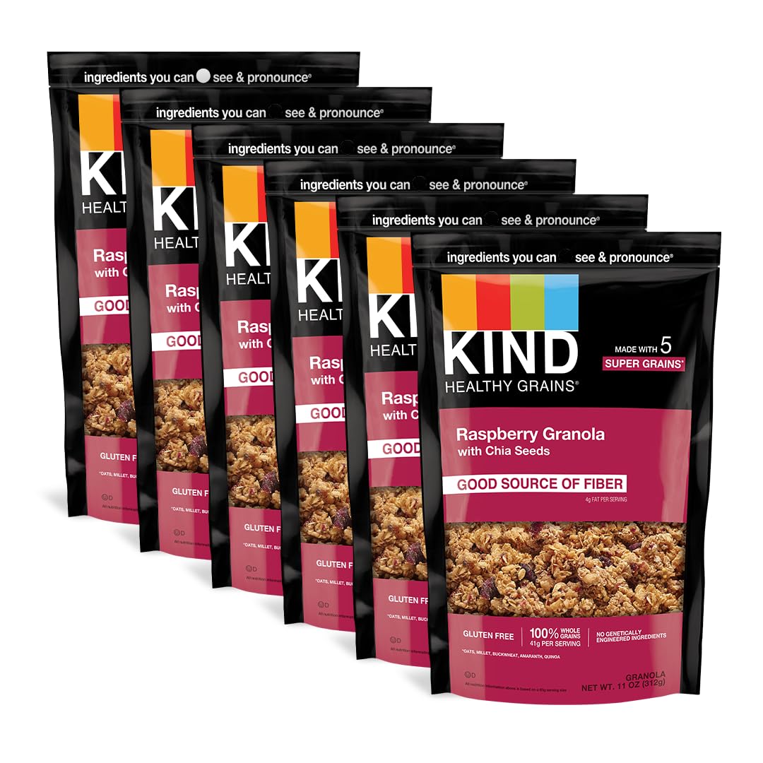 Kind Healthy Grains Granola, Healthy Snack, Raspberry Granola With Chia Seeds, Snack Mix 11 Oz (6 Pack)