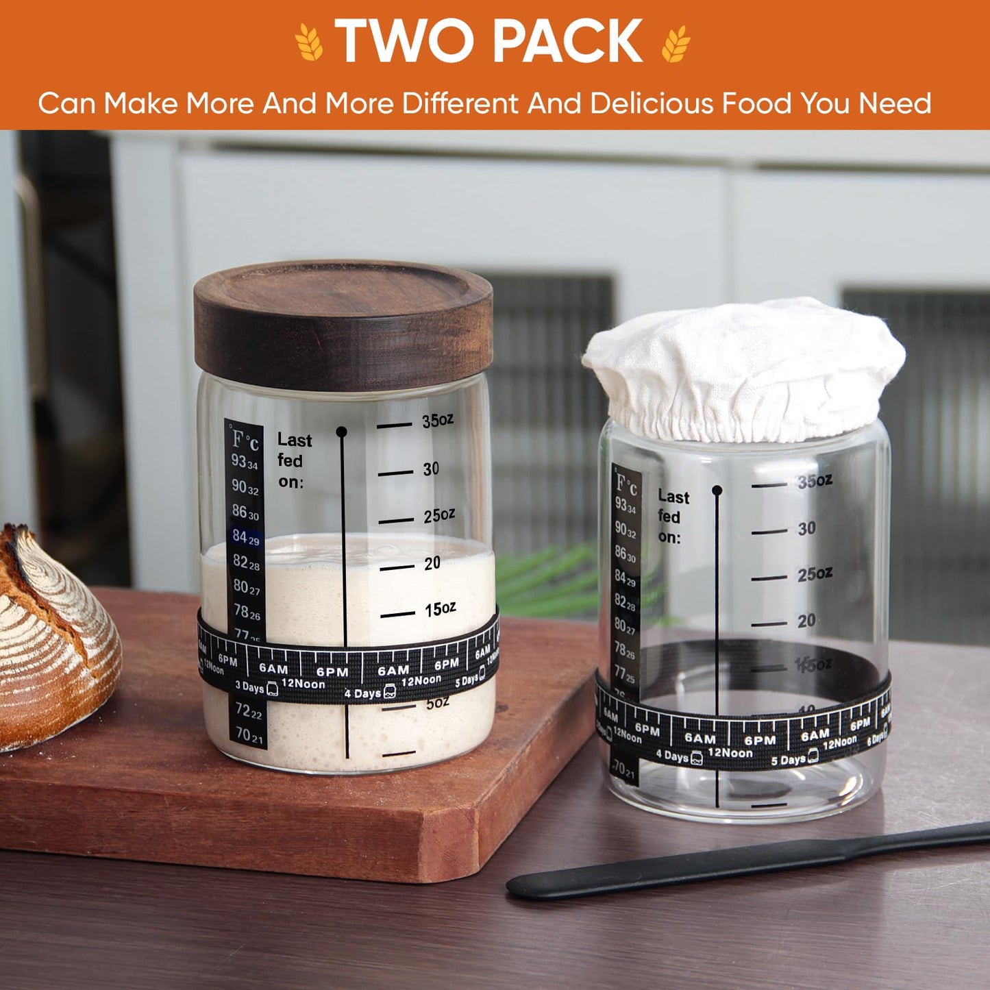 77L Sourdough Starter Kit - 35 oz Jar, Date Marker Band, Thermometer, Sc r, Cloth Cover, Acacia Wood Lid, 2 Pack