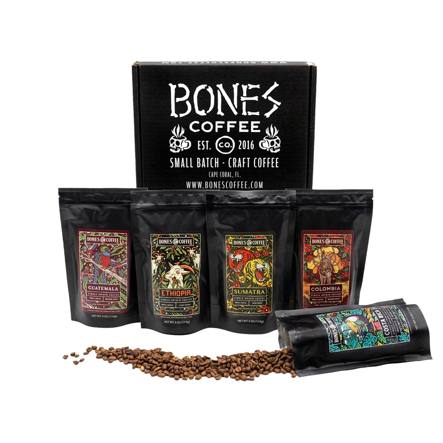 Bones Coffee Company New World Tour Sample Pack | Ground Coffee Beans Sampler Gift Box Set | 4 Oz Pack Of 5 Assorted Single-Orig