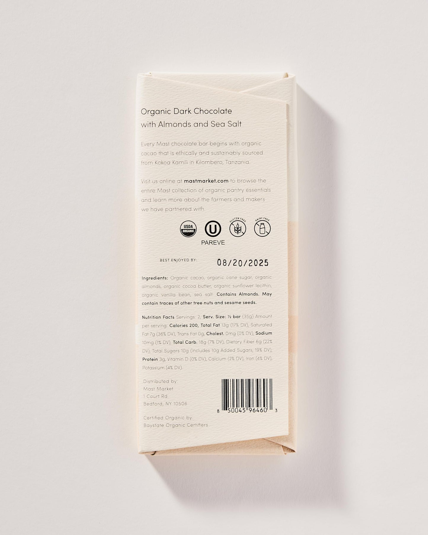 Mast Chocolate Bars | 6 Pack | Organic, Kosher | Classic 2.5Oz Each (6 Bars, Organic Dark Chocolate With Almonds And Sea Salt)
