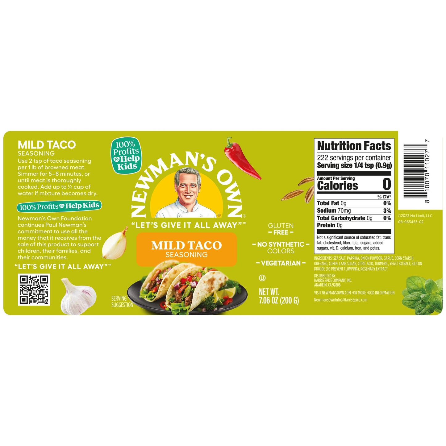 Newman's Own Mild Taco Seasoning; Great Zesty Flavor; Not Only Great on Tacos, Perfect Spices for Cooking Fajitas,Pork Belly, an
