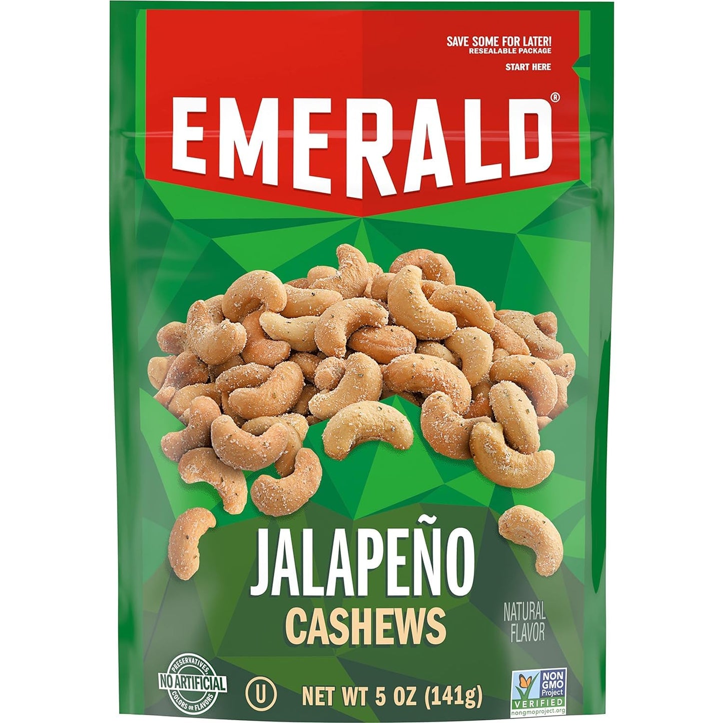 Emerald Nuts Jalapeno Cashews, 5 Oz Resealable Bag, Pack of 3